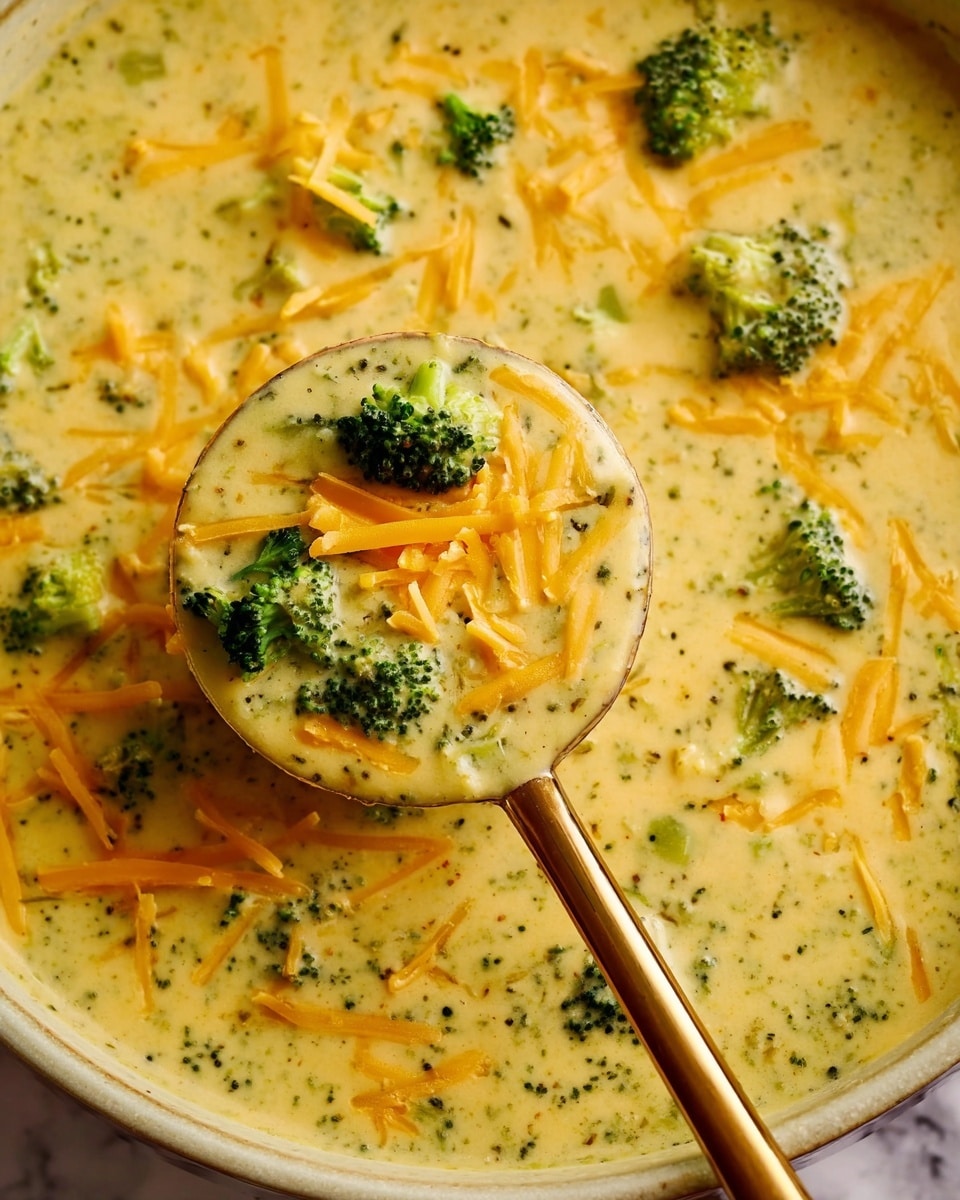 A close-up view of a bowl filled with creamy broccoli cheese soup in light yellow color with small green broccoli pieces mixed inside; on the surface of the soup, there are orange shredded cheddar cheese scattered, some floating and some in a ladle positioned in the center, held by a pair of golden handles, showing layers of smooth soup with broccoli and cheese strands on top. The background is a white marbled texture. Photo taken with an iphone --ar 4:5 --v 7