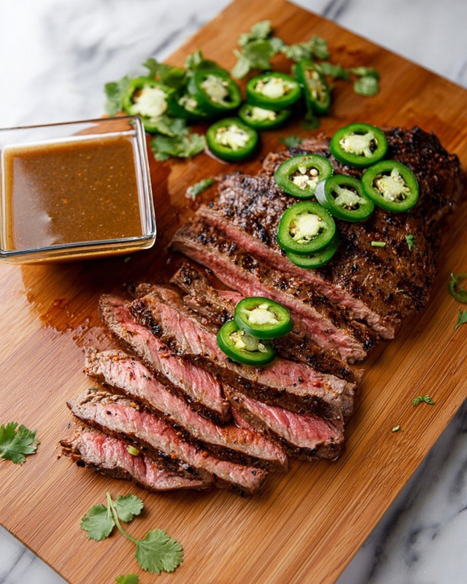 The image shows a wooden cutting board with a sliced steak arranged in two layers: the bottom layer is a whole piece of steak topped with three bright green jalapeno slices, while the top layer has thin slices of steak fanned out, showing a pink center and a seasoned brown crust. To the top left of the steak, there is a small square glass bowl filled with brown sauce and a few cilantro leaves next to it. Behind the board, four sliced jalapeno pieces are placed on a white marbled surface. Photo taken with an iphone --ar 4:5 --v 7
