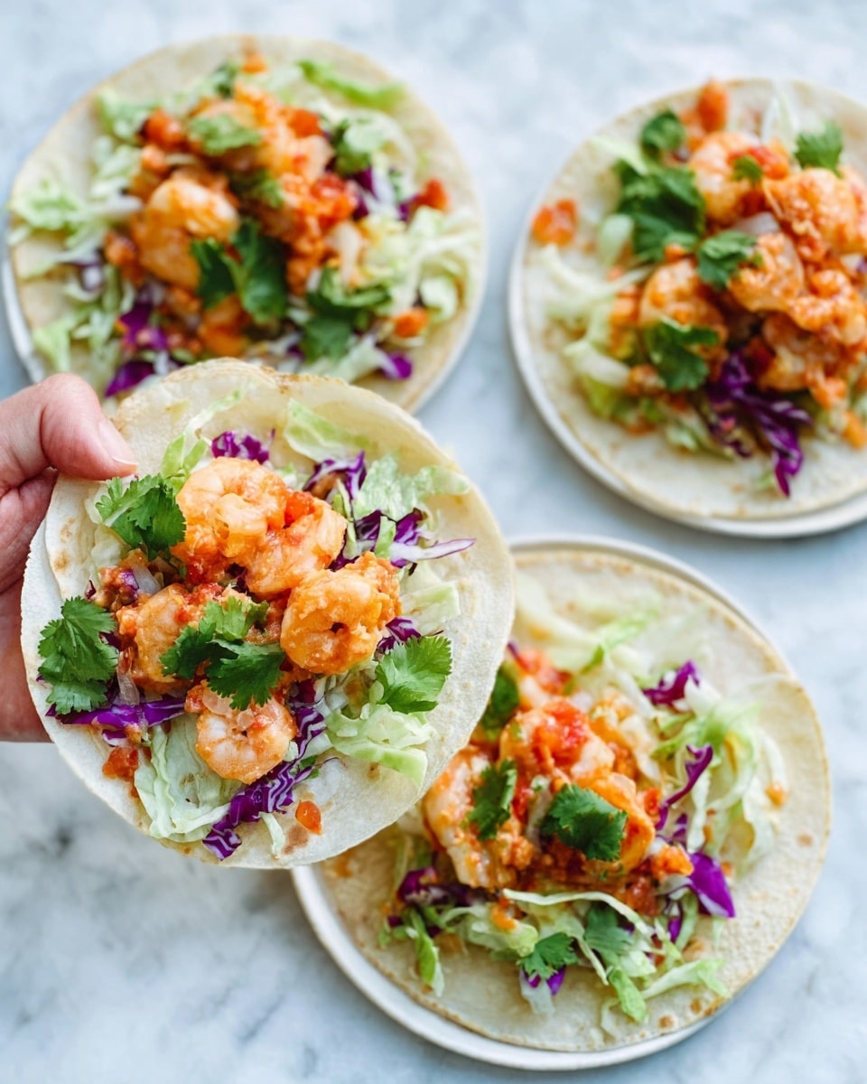 The image shows three white plates on a white marbled surface, each holding a small taco with multiple layers. The base layer is a soft white tortilla, topped with shredded light green lettuce. Above the lettuce, there are finely chopped purple cabbage pieces, adding a contrast of color. On top of that, there is a generous portion of pinkish-orange cooked shrimp mixed with a few small, diced orange pieces likely of tomato. The tacos are garnished with bright green fresh cilantro leaves scattered on top. A woman's hand is holding one of the tacos on the left side of the image. The overall colors are fresh and vibrant, with a natural look. photo taken with an iphone --ar 4:5 --v 7