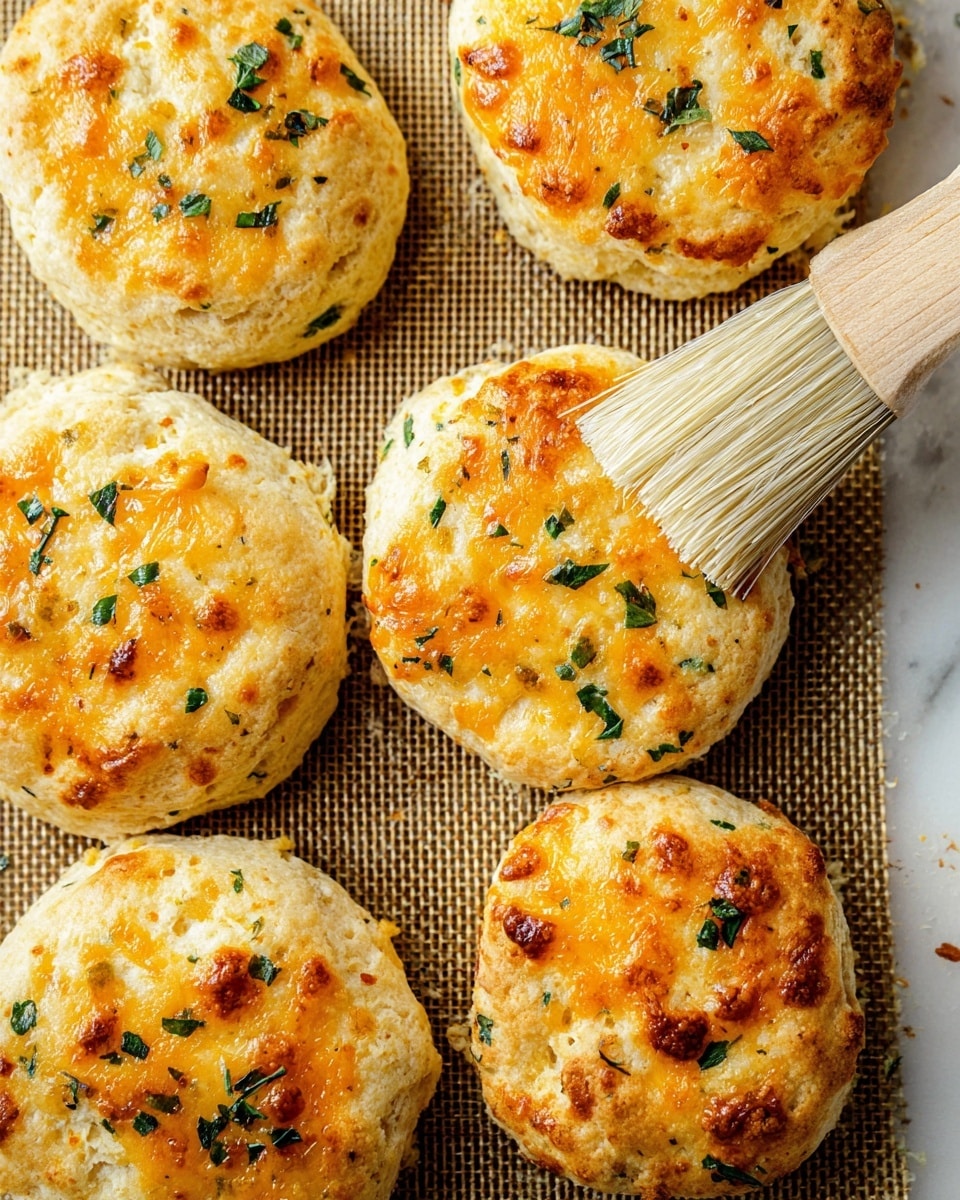 The image shows golden brown biscuits with a slightly rough texture, topped with melted cheese and small green herb pieces scattered throughout. There are seven biscuits placed on a baking mat with a woven texture, and a light wooden brush with natural bristles is brushing one biscuit in the center from the right side. The biscuits are round and puffy, with some browned spots adding a crispy look. The overall scene is bright, with the biscuits appearing soft and fresh. The background is a white marbled texture. photo taken with an iphone --ar 4:5 --v 7