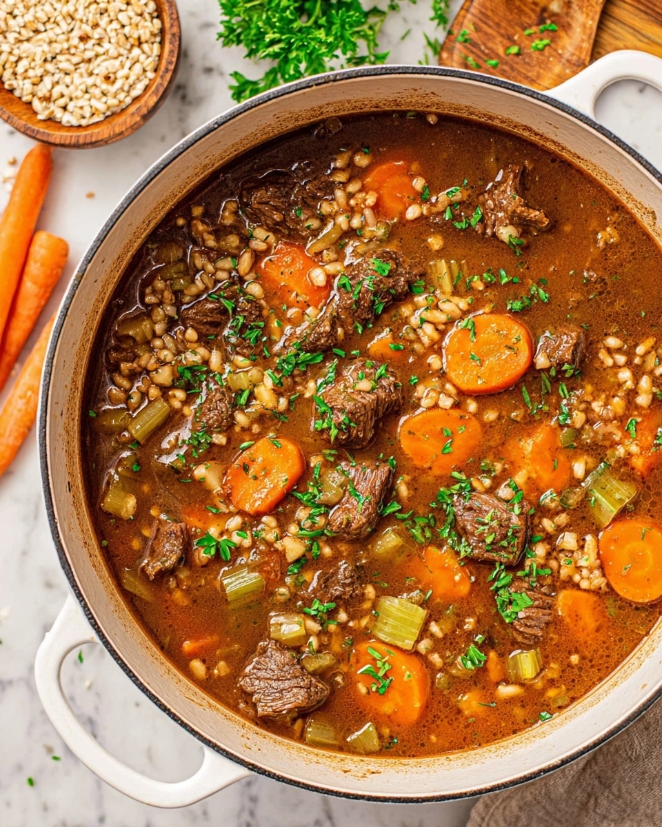 A close-up view of a silver ladle holding a thick soup with three main layers: soft brown beef chunks in the center, surrounded by small round beige grains, and bright orange carrot slices on top. The soup liquid is a rich brown with visible herbs, small green parsley bits sprinkled over the beef, and a shiny moist texture. The ladle is held above a pot filled with the same soup, showing more carrot slices and grains blending into the brown broth. The background and surface are white marble. photo taken with an iphone --ar 4:5 --v 7
