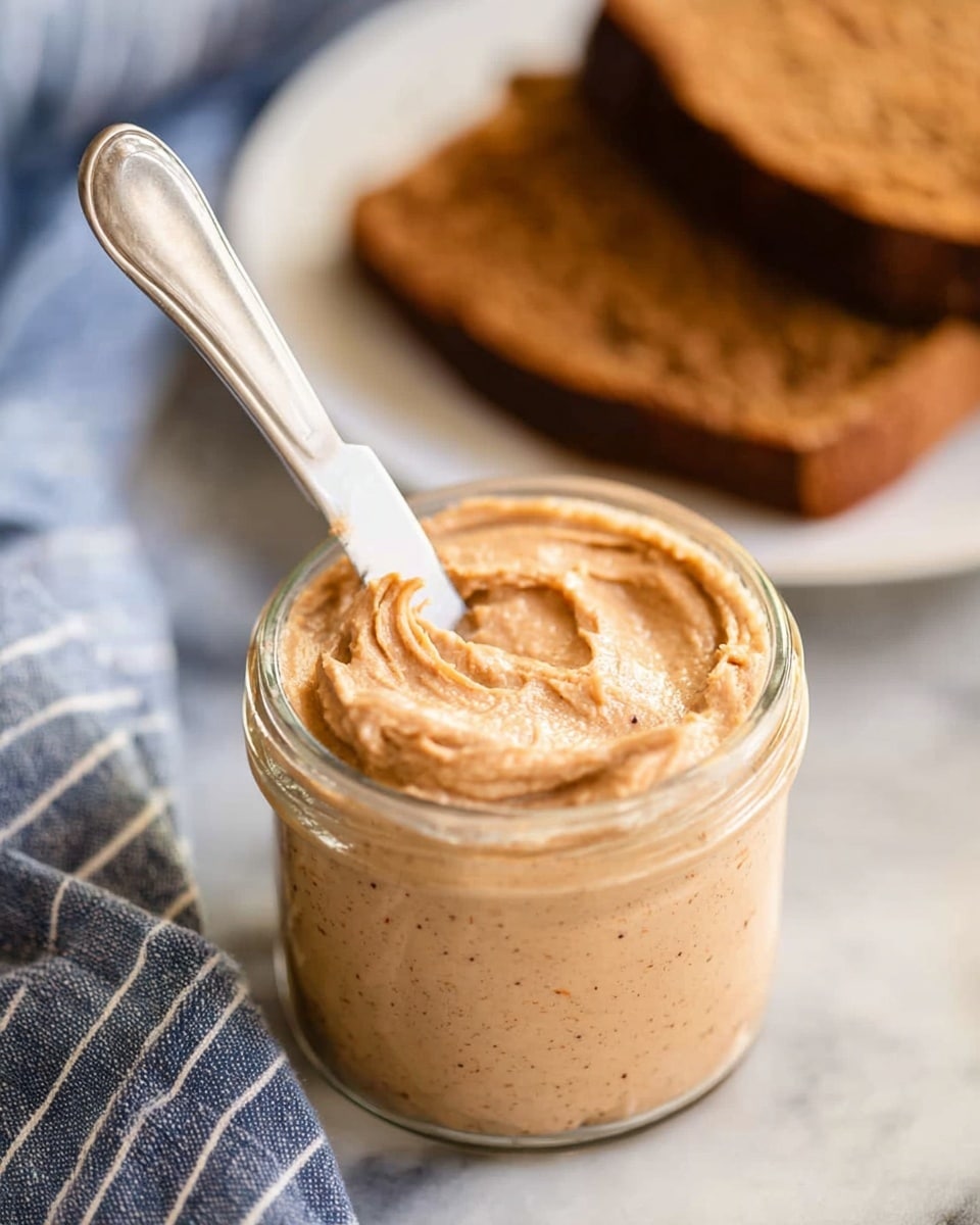 A clear glass jar filled with smooth, creamy light brown spread with tiny darker specks, with a silver knife resting inside the jar and some spread on the knife. In the blurry background, there is a white plate with two thick slices of brown bread. A blue and white striped cloth lies to the left of the jar, all placed on a white marbled surface. photo taken with an iphone --ar 4:5 --v 7