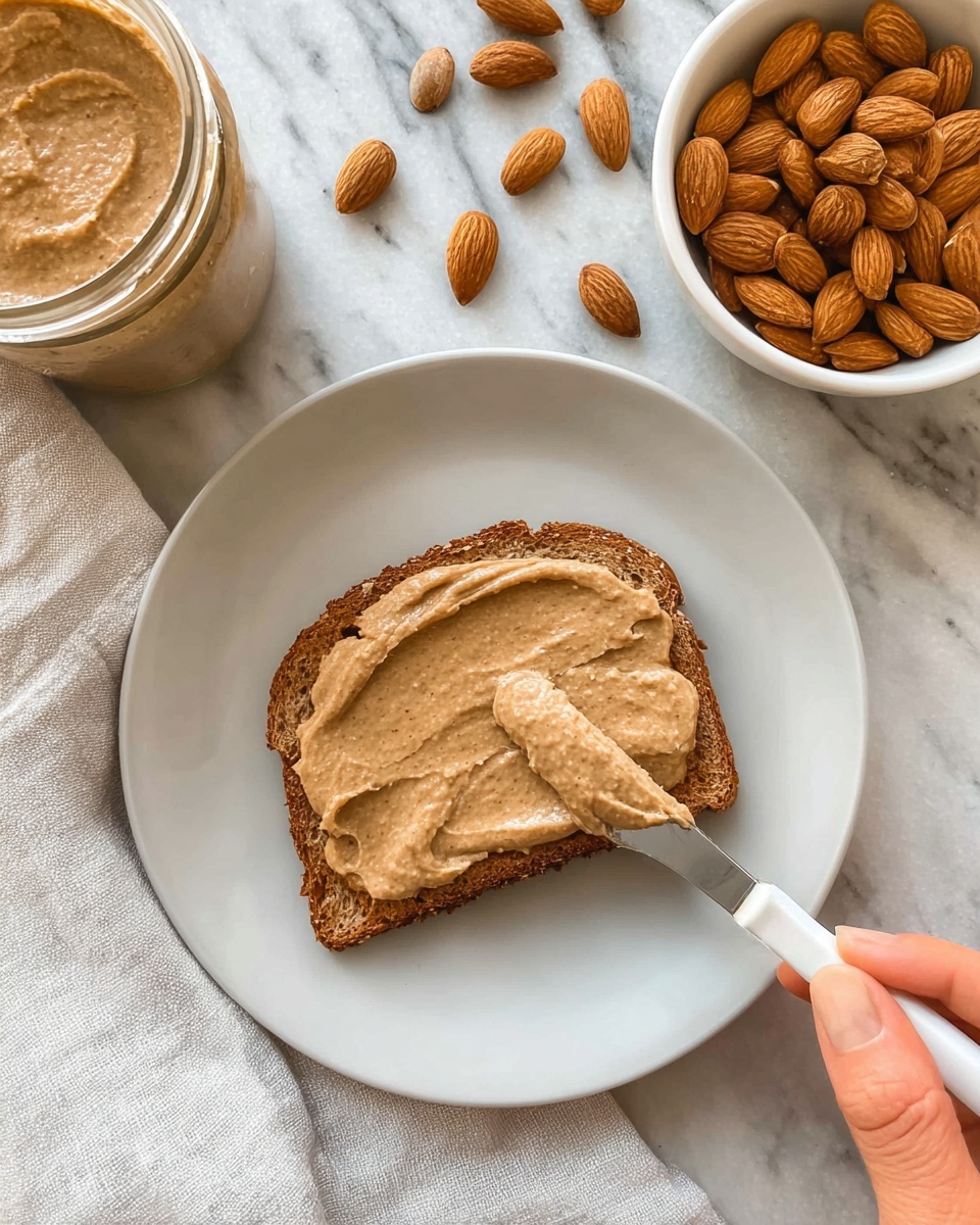 A white plate holds a single slice of toasted brown bread topped with a thick, smooth spread of light brown almond butter evenly covering the surface. Above, a white butter knife with some almond butter on it is held by a woman's hand, poised to add more spread. To the left of the plate, there is a clear jar filled with creamy almond butter, and to the right, a white bowl filled with whole almonds. The background and surface beneath everything is a white marbled texture, and a folded white cloth is partially visible in the lower right corner. Photo taken with an iphone --ar 4:5 --v 7