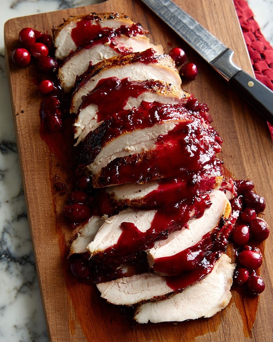 A sliced white meat laid out in a fan shape on a wooden cutting board, each layer coated with a shiny, deep red sauce that looks thick and smooth, with some red berries scattered near the slices; the meat appears moist and tender with a light pink blush inside and a darker, richly colored outer layer of sauce; a knife with a black handle rests on the board next to the slices, and the background is a white marbled texture. photo taken with an iphone --ar 4:5 --v 7