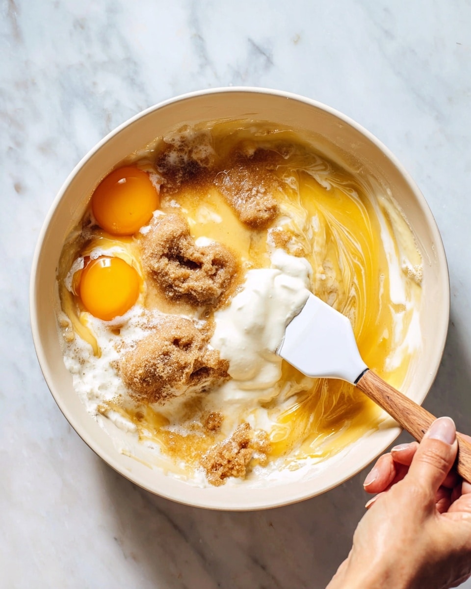 A white bowl placed on a white marbled surface holds several ingredients ready to be mixed. Inside, there are two cracked eggs with bright yellow yolks and clear egg whites, some light brown sugar clumps, a dollop of white creamy substance, and beaten egg mixture parts creating a swirled pattern. A woman's hand is using a white spatula with a wooden handle to stir the ingredients together. The overall colors include warm yellows, light browns, and creamy whites all blending inside the bowl. photo taken with an iphone --ar 4:5 --v 7