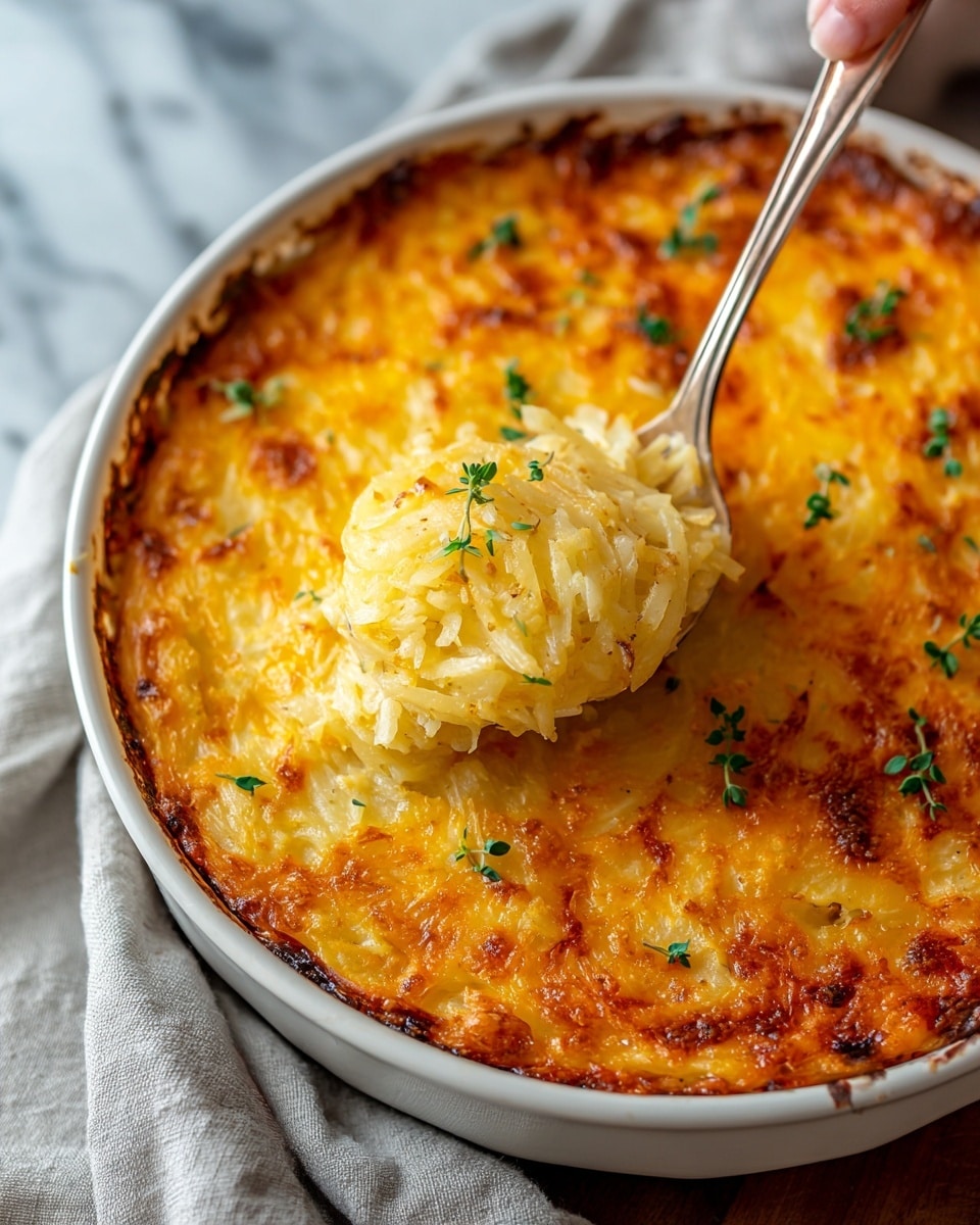 A close-up top view of a white rectangular baking dish filled with a golden brown baked hash brown casserole. The top layer is made of grated potatoes that are crispy and lightly browned with patches of melted cheese visible beneath the slightly crunchy surface. The edges are a bit deeper golden with some browning showing the baked texture. The dish is placed on a beige cloth, surrounded by a white marbled surface, with a large silver spoon on the right and two small spoons on the left near a stack of white plates. Near the top left, a small part of a white plate with crispy bacon strips is visible, and on the top right, there is a basket lined with a white cloth containing a biscuit. photo taken with an iphone --ar 4:5 --v 7