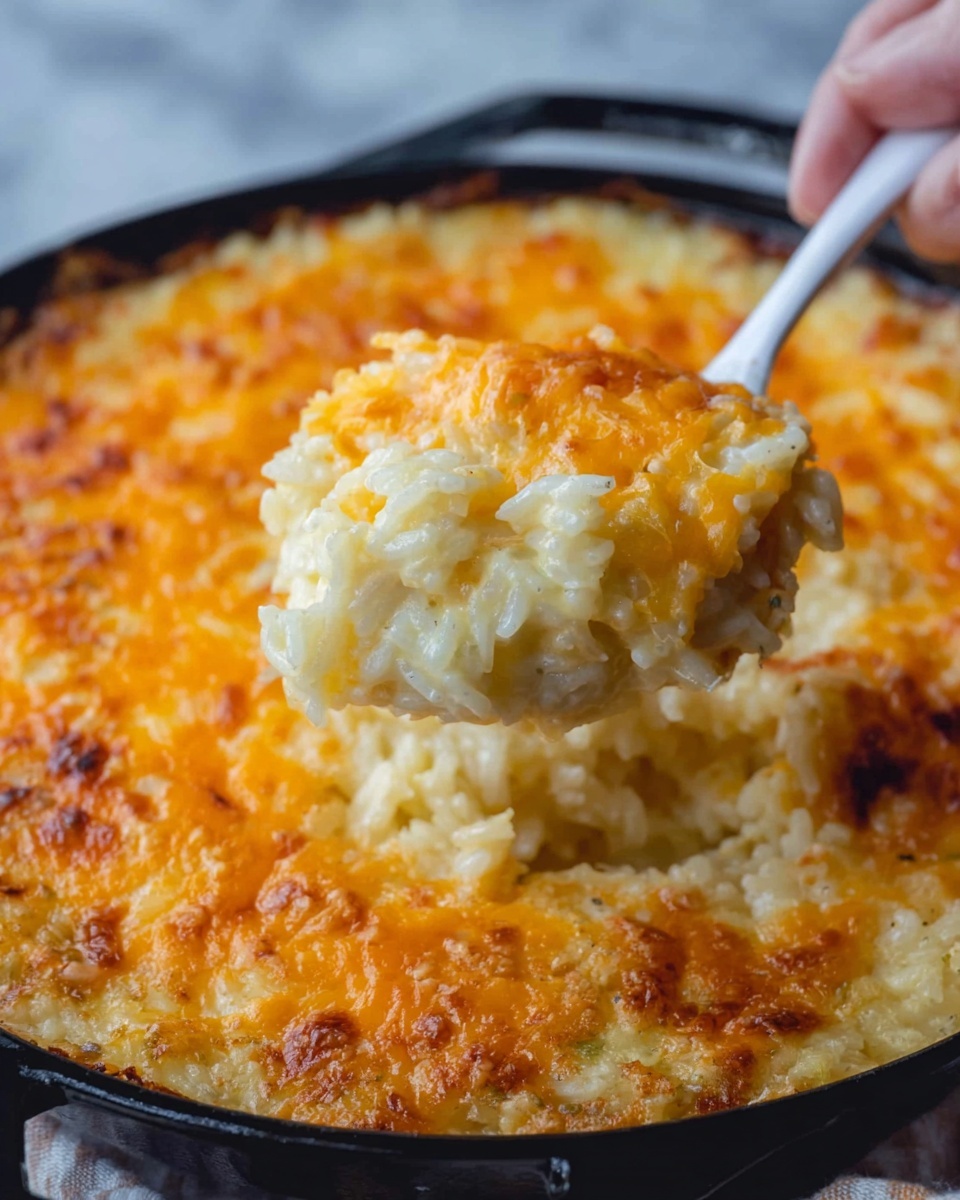 A close-up view of a baked cheesy rice dish in a black round pan, showing one scoop lifted by a white spoon held by a woman's hand. The dish has two main layers: the bottom layer is creamy white rice with a soft texture and the top layer is melted orange cheese with a slightly browned, bubbly surface. The pan is set on a white marbled surface. The photo taken with an iphone --ar 4:5 --v 7