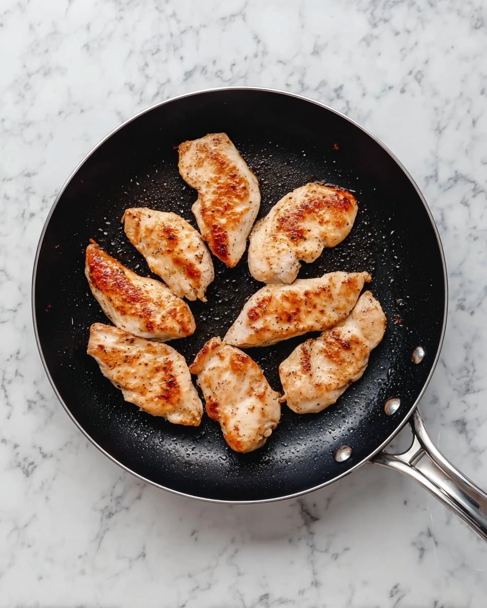 A black frying pan is shown from above on a white marbled surface, containing seven pieces of cooked chicken with a golden brown color and light sear marks. The chicken pieces are spread out evenly in a circular pattern inside the pan. The pan features silver handles and small glistening spots of oil are visible on its surface. photo taken with an iphone --ar 4:5 --v 7