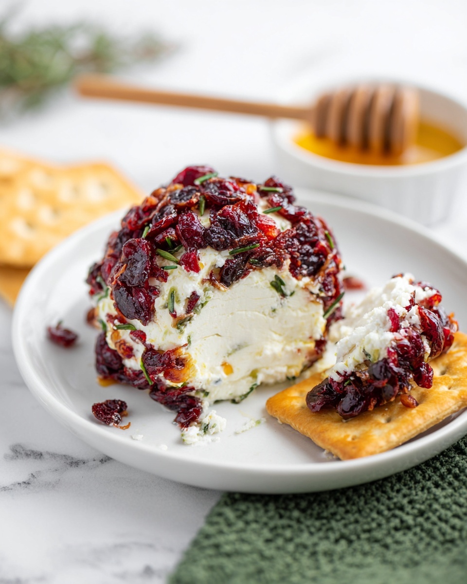 A white plate holds a round cheese ball with two layers: the inner layer is creamy white cheese, the outer layer is covered with chopped dark red dried cranberries mixed with small green herb pieces. Next to it, a white round cracker is partially spread with the same cheese and cranberry mixture. In the background, there is a small white bowl with golden honey and a wooden honey dipper resting on it. The scene is set on a white marbled surface with a green textured cloth in the bottom right corner. photo taken with an iphone --ar 4:5 --v 7
