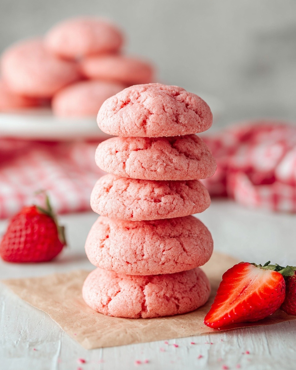 A stack of six soft, round pink cookies with a slightly cracked texture sits on a small piece of parchment paper placed on a white marbled textured surface. In front of the stack, there are three fresh strawberry halves showing their bright red interior. In the background, out of focus, there is a white plate with more pink cookies and a red-and-white checkered cloth. photo taken with an iphone --ar 4:5 --v 7