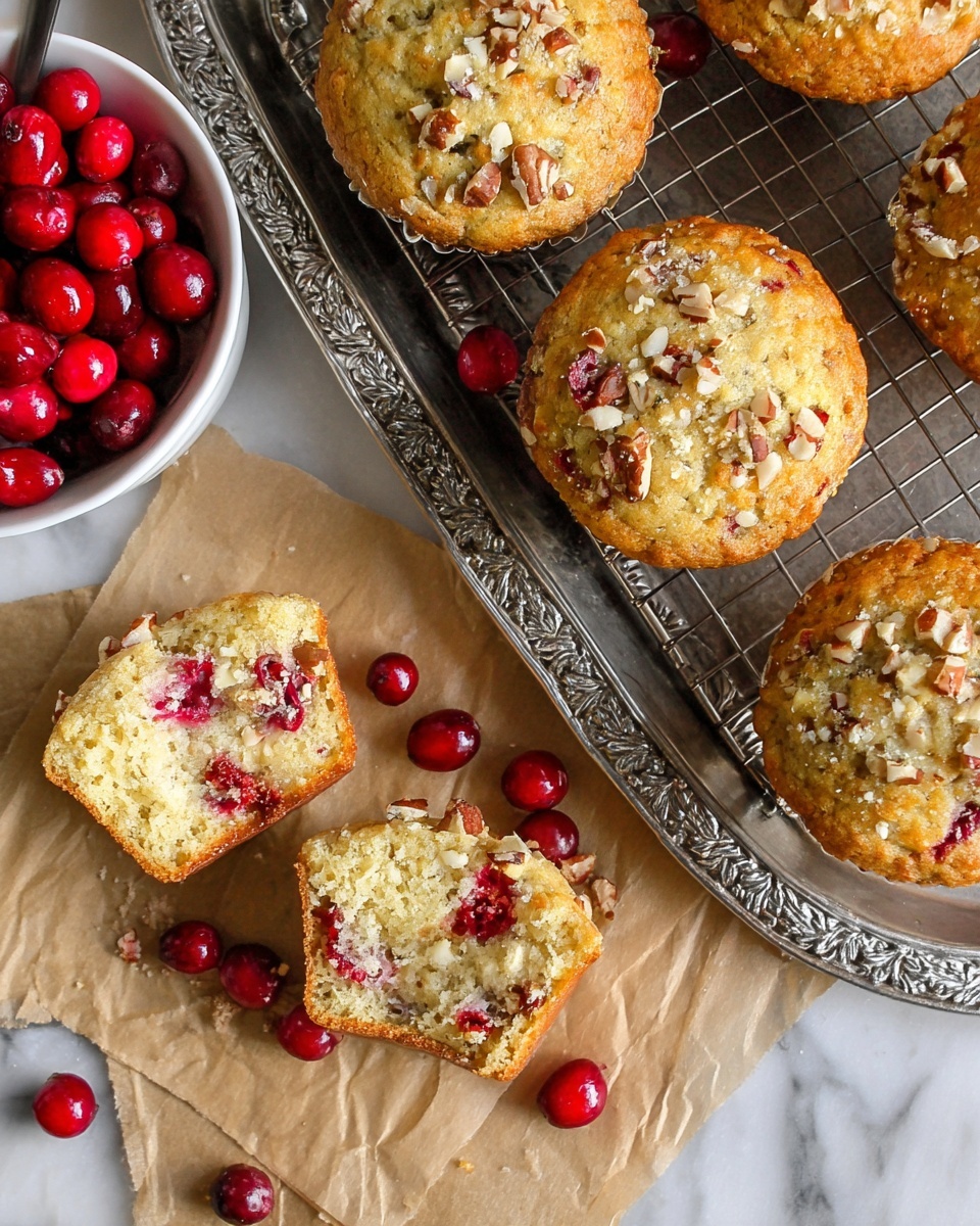 The image shows several round muffins with a light golden brown color, each topped with small pieces of chopped nuts and bits of red cranberries. One muffin is broken into two halves, revealing a soft, moist inside with visible cranberry pieces. The muffins are placed on brown parchment paper with some whole cranberries scattered around. To the side, a cooling rack holds a few muffins, and a silver tray with a decorative edge contains more muffins. In the upper left corner, there is a white bowl filled with whole red cranberries. The background surface is a white marble texture photo taken with an iphone --ar 4:5 --v 7