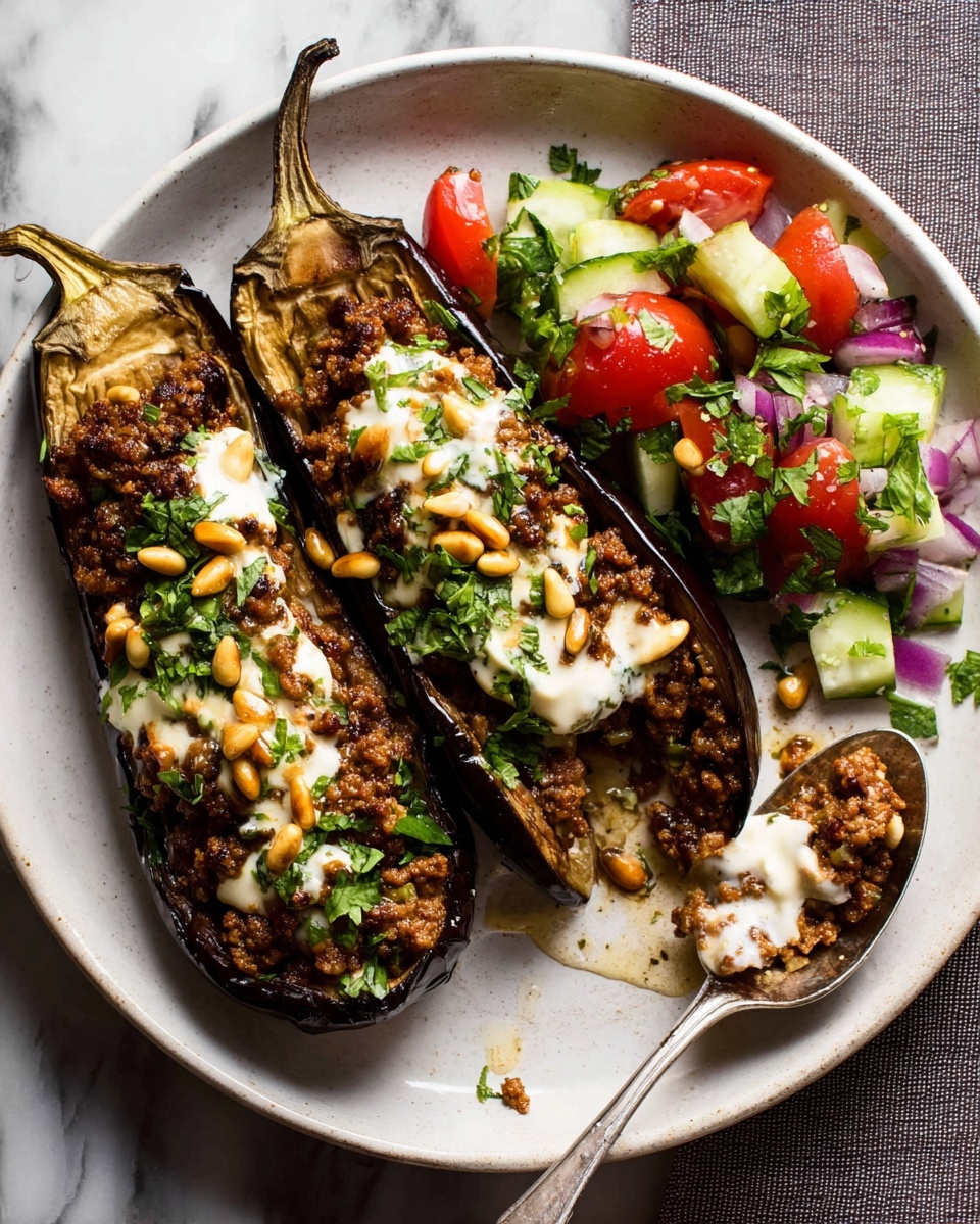 Two roasted eggplant halves sit side by side on a white plate, each filled with a rich, dark brown spiced ground meat mixture. A creamy white sauce is drizzled over the meat, topped with a sprinkle of bright green chopped herbs and golden toasted pine nuts. On one side of the plate, there is a fresh salad made of red cherry tomato halves, bright green cucumber chunks, and small pieces of red onion, all on a white marbled surface. A silver spoon rests in one eggplant half, scooping out some filling. Photo taken with an iphone --ar 4:5 --v 7