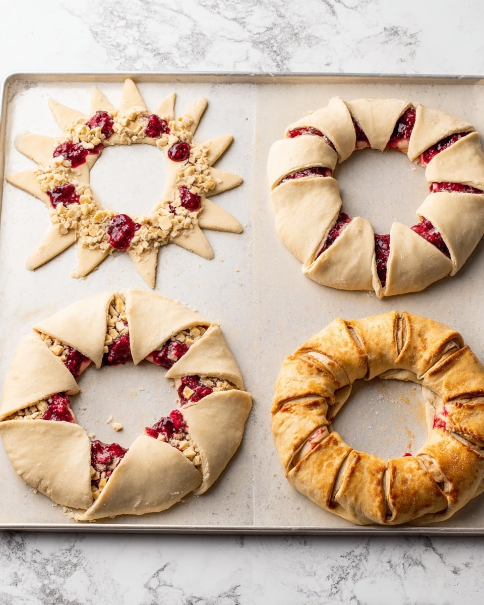 The image shows three stages of making a circular pastry wreath on a baking sheet with a white marbled background. On the left, the raw dough is laid out in a star shape with red berry filling and chunks of light beige pieces spread in a ring near the center, with each dough point folded partly over the filling. In the middle, the dough points are fully folded over the filling creating a ring with visible red filling peeking through evenly spaced cuts around the wreath. On the right, the wreath is golden brown and fully baked, with the red filling visible through the same cuts and the dough puffed and crisp, still on the baking sheet. photo taken with an iphone --ar 4:5 --v 7