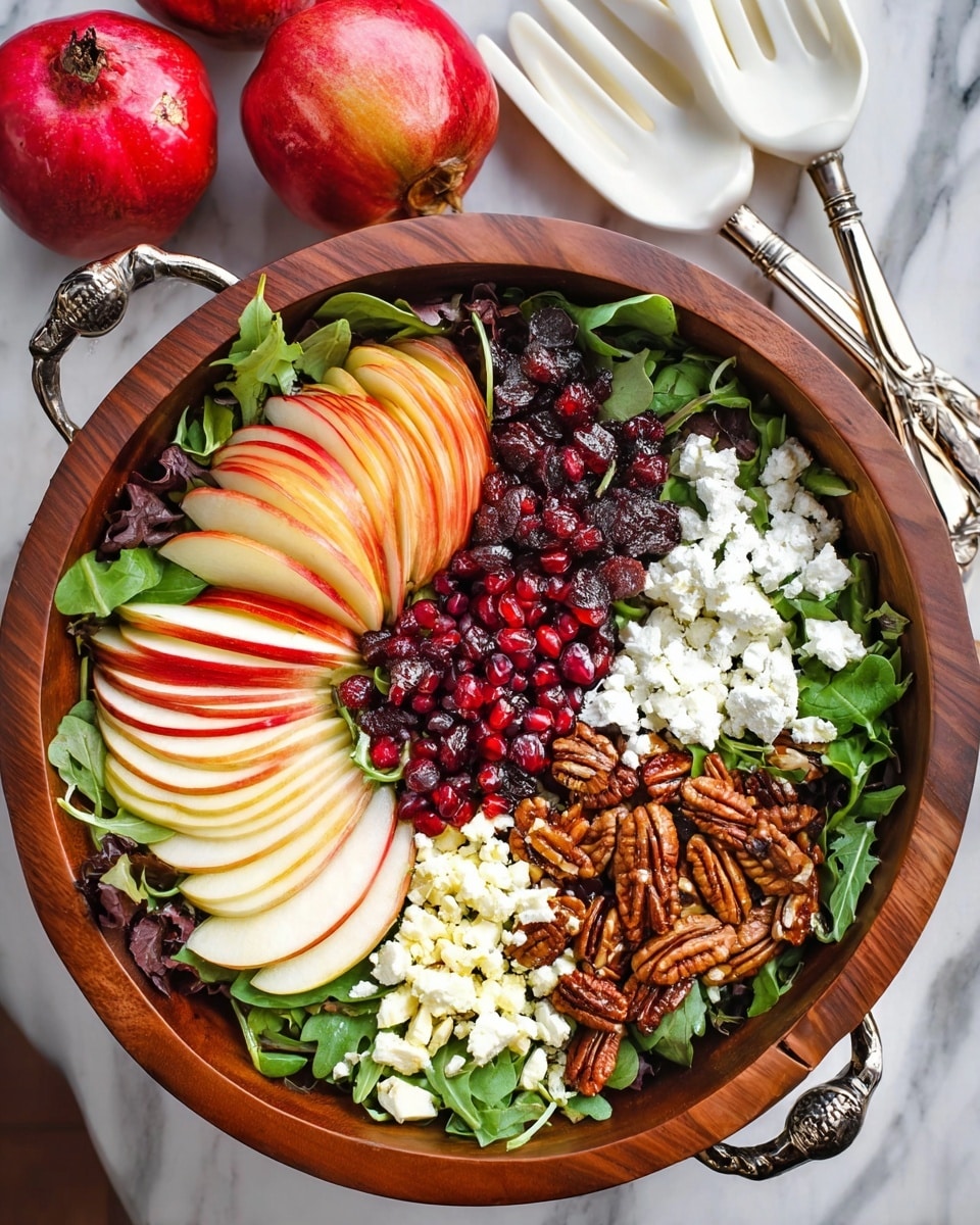 A round wooden bowl holds a fresh salad arranged in layers on a white marbled surface. The bottom layer is a variety of leafy greens in dark and light green tones, forming a bed for the toppings. On top, sections are neatly placed: thin slices of red and yellow apple on one side, pale red pear slices on the opposite side, and white crumbled cheese arranged in two spots. Clusters of glazed pecans are placed near the pears and cheese. Bright red pomegranate seeds and dark red dried cranberries sit in the middle, adding more color contrast. The bowl has metal handles, and in the background, two whole apples and a half pomegranate rest on the white marbled surface, next to white-handled salad serving utensils. Photo taken with an iphone --ar 4:5 --v 7