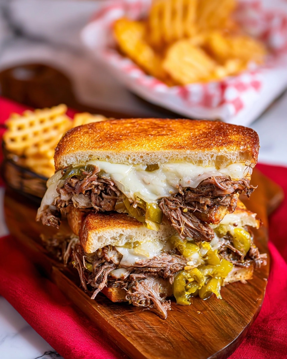 The image shows a sandwich cut in half and stacked, placed on a wooden board with a red cloth nearby. The sandwich has about three main layers: the top layer is soft, brown, toasted bread with a crunchy crust; below it is a mix of shredded brown meat and yellow-green sliced pickled peppers; beneath that, there is melted white cheese over more shredded meat and some cooked green vegetables resting on the bottom soft bread. In the background, there is an opened white bag with red checkered pattern containing light golden waffle fries, all set on a white marbled surface. Photo taken with an iphone --ar 4:5 --v 7