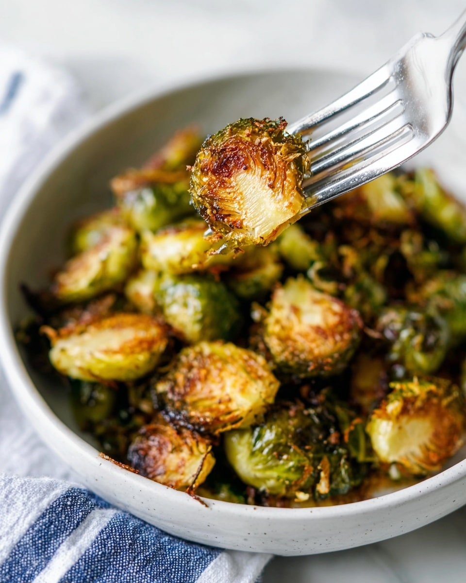 A close-up of a white bowl filled with roasted Brussels sprouts that have crispy golden brown edges and a mix of light and dark green colors. One piece is held up by a fork above the bowl, showing a textured, crunchy surface on the cut side. The bowl is placed on a white marbled surface with a hint of a blue and white striped cloth in the corner. Photo taken with an iphone --ar 4:5 --v 7