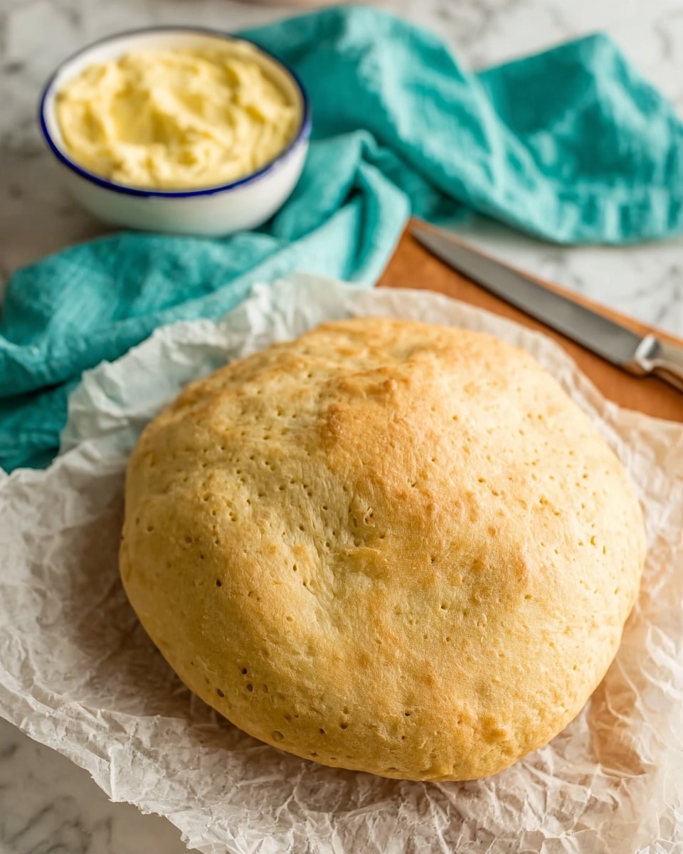 A large, round, light golden-brown puffed bread sits on crumpled white parchment paper, showing small holes and an uneven airy texture on the surface. Behind it, a white bowl with a blue rim is filled with a yellow creamy spread, next to a knife placed on a white marbled surface. A light turquoise cloth is casually placed in the background. Photo taken with an iphone --ar 4:5 --v 7