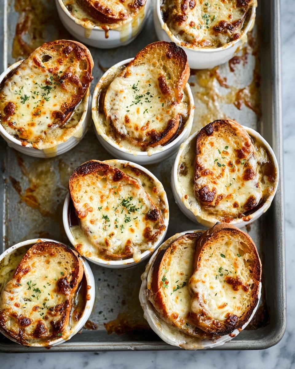 The image shows ten white round bowls filled with French onion soup, placed on a metal baking tray. Each bowl has two slices of toasted bread on top, covered with melted cheese that is golden brown with some dark spots. The cheese appears thick and bubbly, stretching slightly from the bread edges. There are small green herb sprinkles scattered over the cheese in all bowls. The baking tray has baked cheese spots and herbs around the bowls. The background is a white marbled texture. photo taken with an iphone --ar 4:5 --v 7