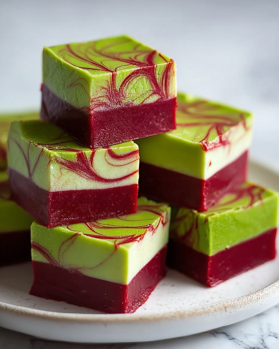 A close-up view of multiple small square desserts stacked on a white plate. Each piece has two layers: the bottom layer is dark red with a smooth texture, while the top layer is bright green with a creamy look. Red swirled lines run through the green layer, creating a marbled pattern. The plate sits on a white marbled surface, and the background is softly blurred. photo taken with an iphone --ar 4:5 --v 7