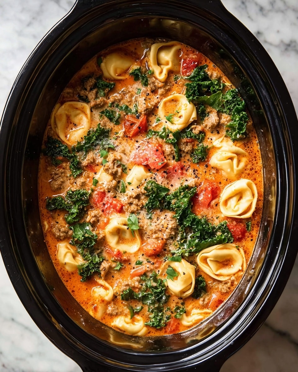 The image shows a black oval slow cooker filled with a soup that has three main layers visible. The top layer has bright green kale leaves scattered around softly floating on a reddish-orange creamy broth. The middle layer features round, pale yellow tortellini pasta pieces spread across the soup. The bottom layer contains small chunks of cooked ground meat and diced red tomatoes. Black pepper is sprinkled over the whole dish. The slow cooker sits on a white marbled surface. photo taken with an iphone --ar 4:5 --v 7