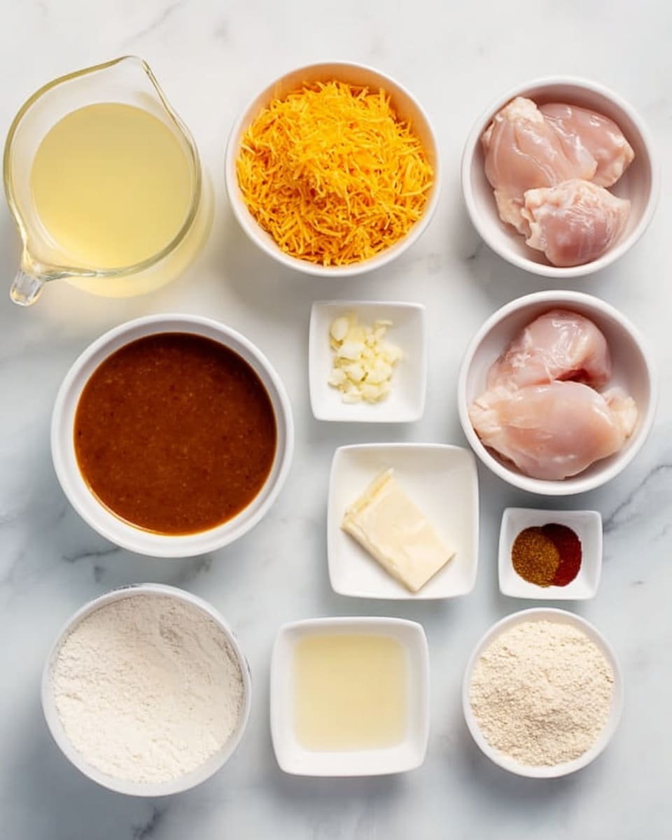 The image shows eight white bowls and a clear glass jug placed on a white marbled surface. The glass jug, positioned on the upper left, is filled with light yellow liquid. To the right of it, a white bowl holds bright orange shredded cheese. On the upper right, another white bowl contains three pieces of raw chicken with a light pink color. Below the jug, a white bowl contains a rich brown sauce with smooth texture. To the right of that bowl, a small square white dish has a small amount of minced garlic, pale yellow in color. Next to it, a larger square white bowl contains white creamy cheese. Near the bottom center, a small white bowl has a clear pale yellow liquid. On the bottom right, a white bowl holds light beige flour. Finally, a small square white dish on the bottom right has six spices of different colors – light beige, dark red, dark brown, reddish-brown, and light orange – arranged neatly in sections. Photo taken with an iphone --ar 4:5 --v 7