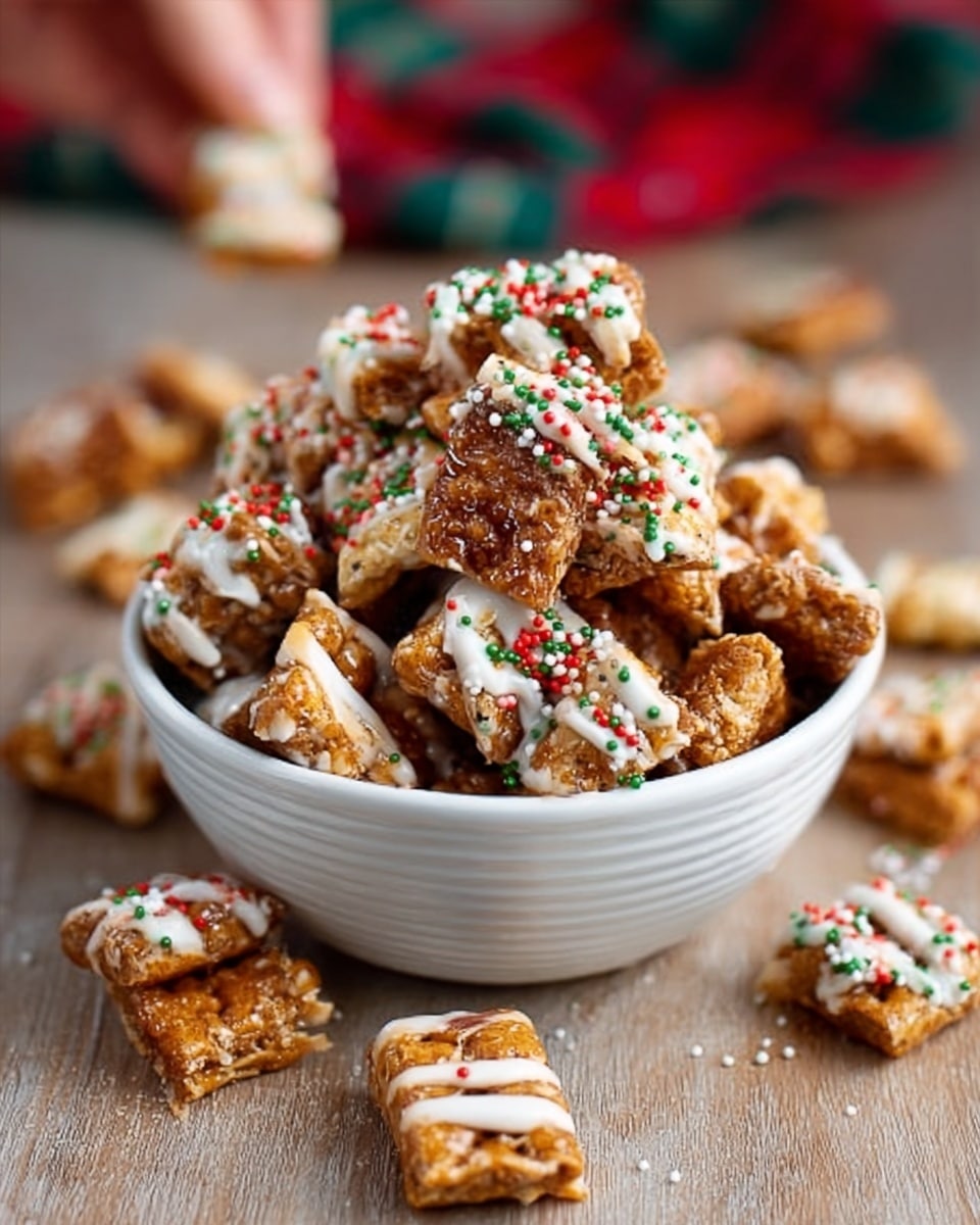 A white bowl filled with multiple layers of square-shaped crunchy snacks coated in caramel and white icing with red and green sprinkles on top. The bowl sits on a light wooden surface and is surrounded by scattered pieces of the same snack. In the background, a woman's hand is reaching toward one of the snacks. The overall look is warm and inviting, with a focus on the texture of the caramel-coated pieces and the festive tiny sprinkles. photo taken with an iphone --ar 4:5 --v 7