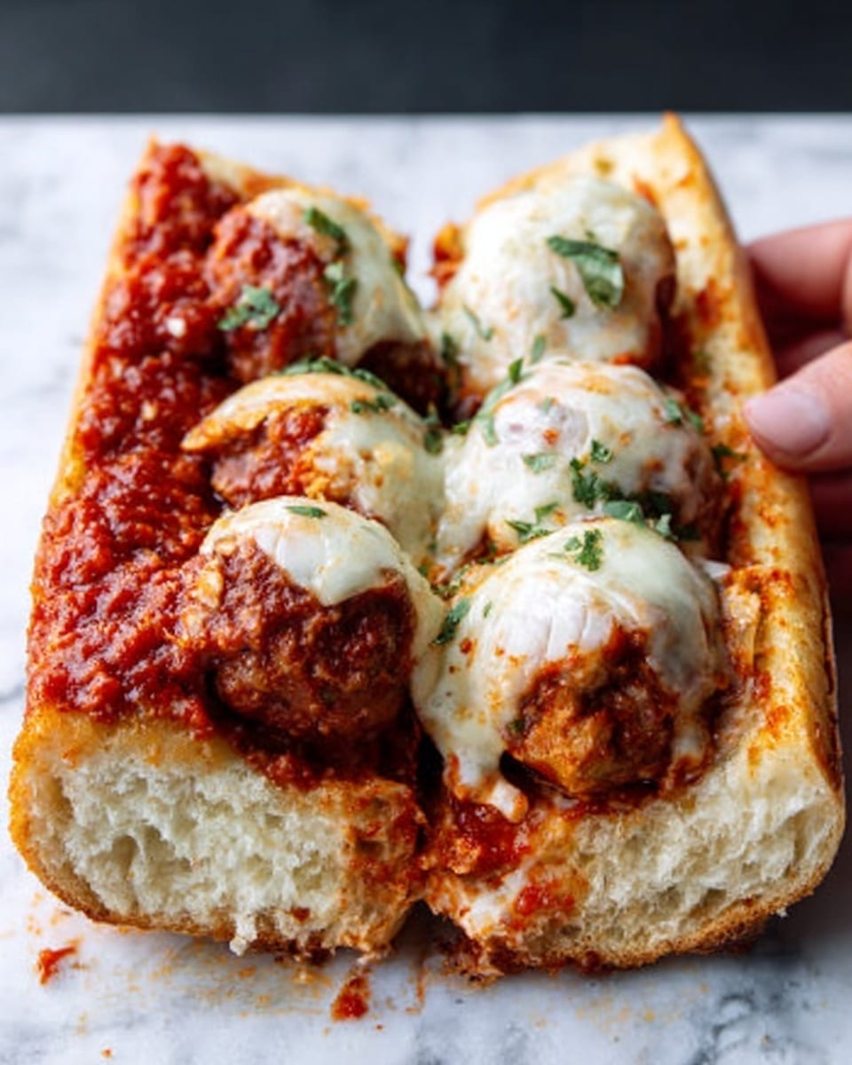 The image shows a sandwich with a white baguette split open, resting on a white marbled surface. Inside, there are three large meatballs covered in thick red sauce on the left side, topped with melted white cheese that looks soft and slightly browned. Green herbs are sprinkled on top of the cheese and meatballs. The inside of the bread is soft and textured, with some sauce spreading a bit on the edges. A woman's hand is holding the bottom right side of the sandwich. Photo taken with an iphone --ar 4:5 --v 7