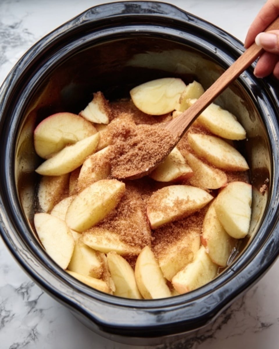 The image shows a slow cooker filled with several peeled apple slices arranged in one layer at the bottom. On top of the apple slices is a layer of brown sugar sprinkled evenly, creating a coarse, grainy texture with a golden-brown color. A woman's hand holding a wooden spoon is stirring the mixture gently, pressing down slightly on the apple slices. The slow cooker is black, set on a surface with a white marbled texture in the background. Photo taken with an iphone --ar 4:5 --v 7