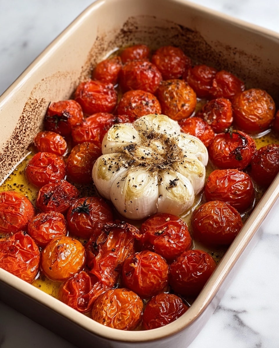 The image shows a beige baking dish filled with roasted cherry tomatoes and a whole garlic bulb in the center. The tomatoes are soft, wrinkled, and bright red to deep orange in color, with some seasoning and oil glistening on them. The garlic bulb is roasted, slightly browned on top with cracked cloves and black pepper sprinkled over it. The baking dish sits on a white marbled surface. photo taken with an iphone --ar 4:5 --v 7