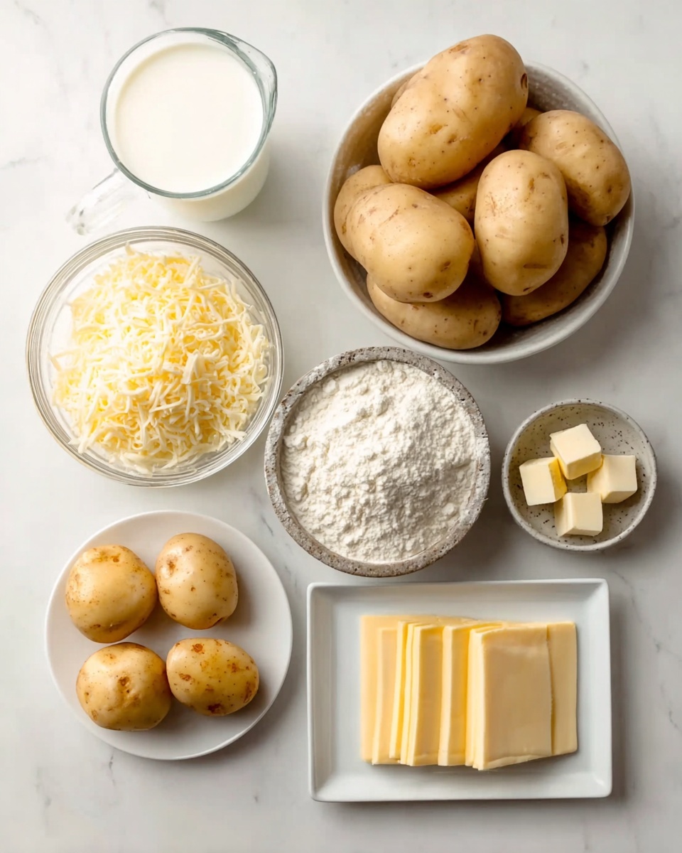 A white marbled surface holds bowls and plates with raw ingredients arranged neatly: a white bowl filled with several light brown potatoes on the top right, a white bowl with white powdery flour above center, and a glass bowl with shredded pale yellow cheese to the left. Below these, a white small plate holds three light brown potatoes on the bottom left, next to a small stone bowl filled with flour or starch with a slightly rough texture in the center. On the bottom right, a white rectangular plate has six thick slices of pale yellow cheese lined up side by side, and small cubes of butter are scattered around the middle area. A glass cup filled with milk is placed at the top left side, all against the white marbled surface. Photo taken with an iphone --ar 4:5 --v 7
