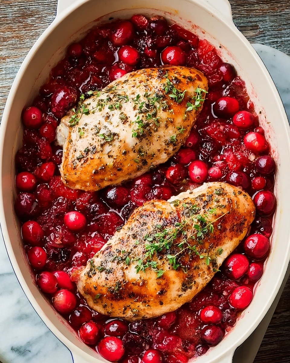 The image shows two cooked chicken pieces with a golden brown surface sprinkled with chopped herbs. They rest inside a white oval pan filled with bright red whole cranberries and a red chunky sauce, filling the space around the chicken. The pan sits on a white marbled surface, enhancing the colors of the food. Photo taken with an iphone --ar 4:5 --v 7