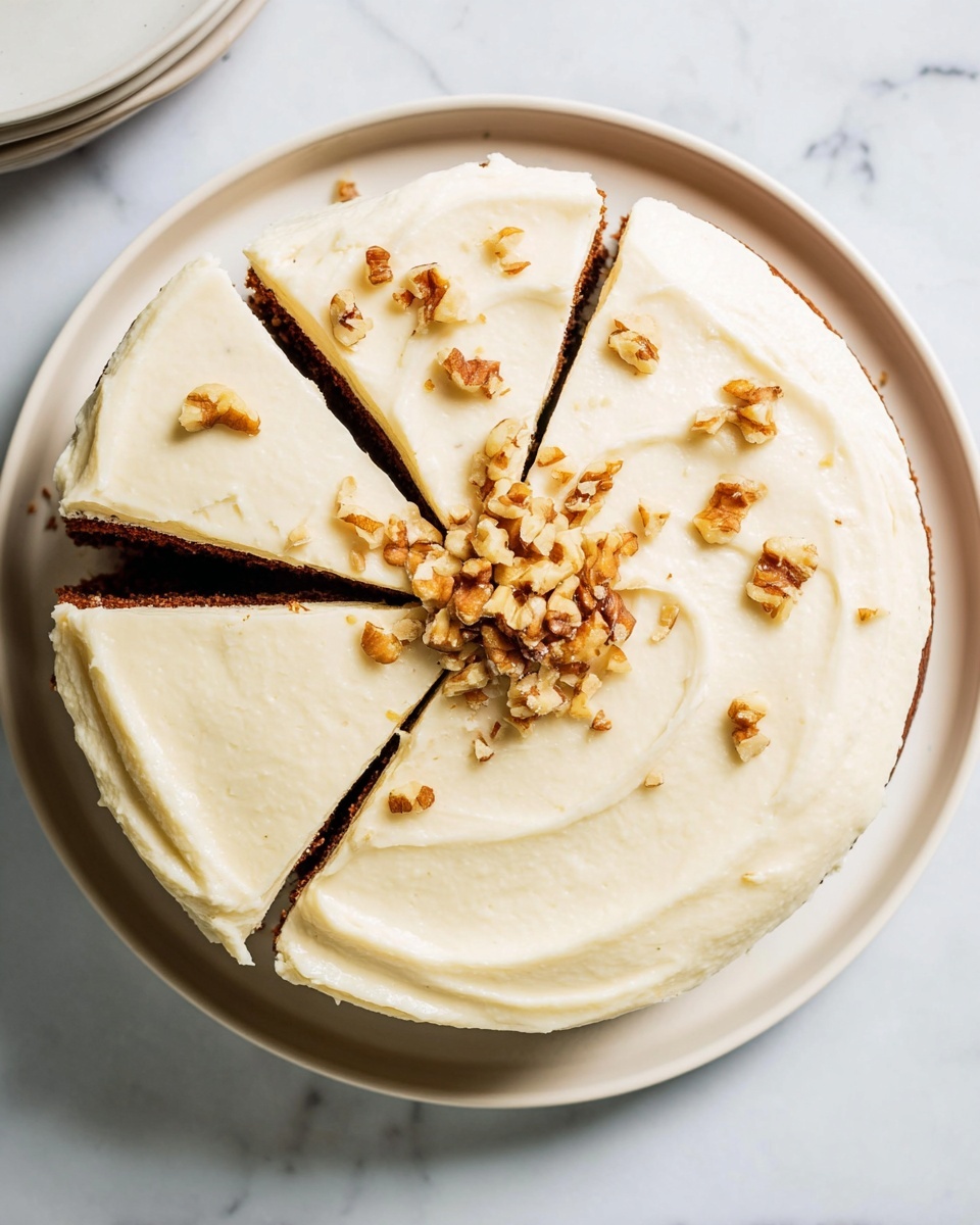 A round cake with two visible layers sits on a white plate against a white marbled surface. The bottom layer is dark brown, while the top layer is a thick, smooth, light cream-colored frosting spread evenly across the top and sides. Three slices are cut out, showing the contrast between the cake and the frosting. The top center has small pieces of chopped walnuts in a loose cluster, adding texture and a light brown color spot. Photo taken with an iphone --ar 4:5 --v 7