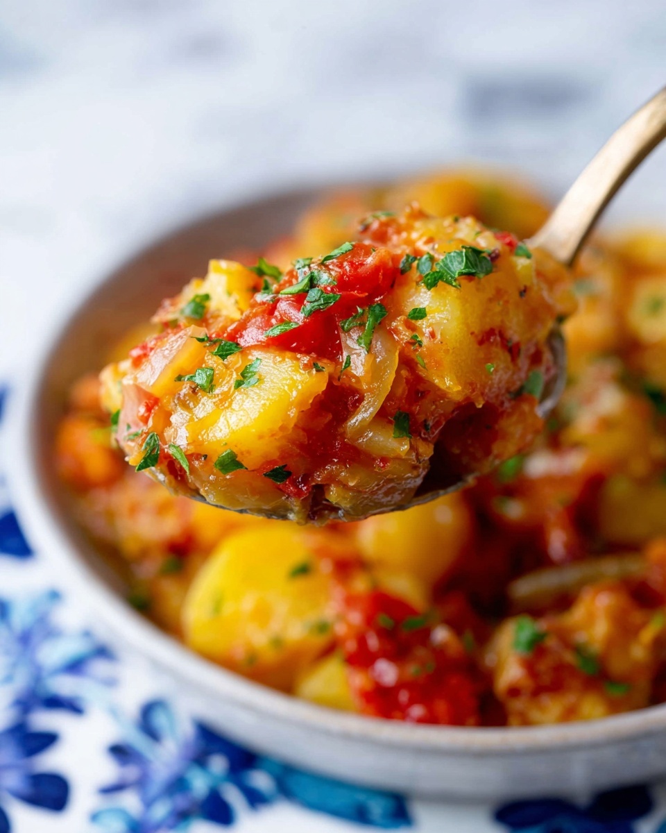 A close-up image shows a spoon holding a layered dish with visible chunks of yellow potatoes mixed with red tomato pieces and translucent cooked onions, all coated in a slightly thick, saucy texture. Bright green chopped herbs are sprinkled on top, adding contrast. The food is served in a white shallow bowl, with the background being a white marbled surface featuring subtle blue floral patterns. The focus is on the colorful mix of the dish with a soft blurred background. Photo taken with an iphone --ar 4:5 --v 7