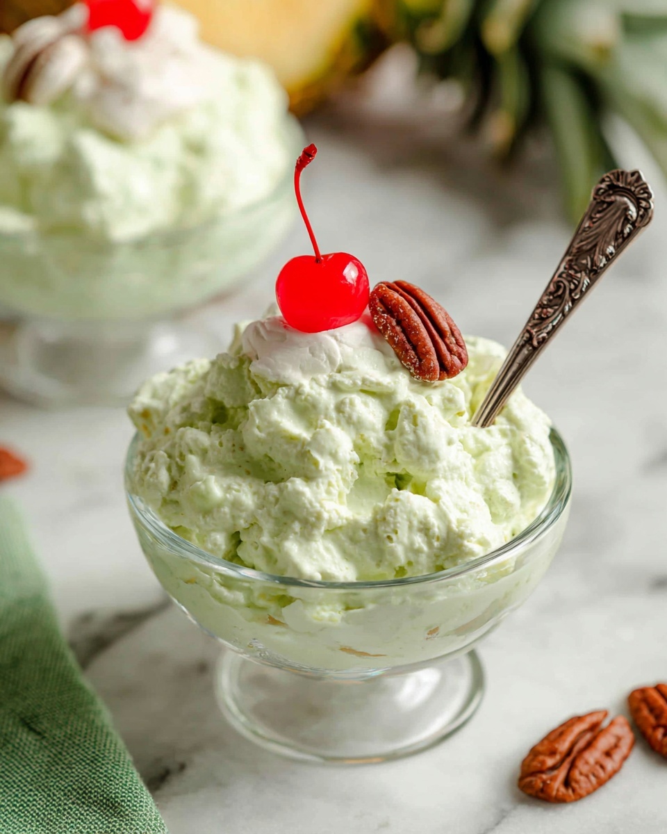 A clear glass bowl filled with a fluffy, creamy light green mousse that looks soft and slightly chunky. On top, there is one bright red maraschino cherry with a long stem and one brown pecan nut placed side by side. A silver spoon with an ornate handle is stuck into the mousse from the right side. The bowl sits on a white marbled surface with blurred background elements, including another glass bowl of the same mousse and a partial view of a pineapple. A bit of a green cloth is visible on the bottom left. Photo taken with an iphone --ar 4:5 --v 7