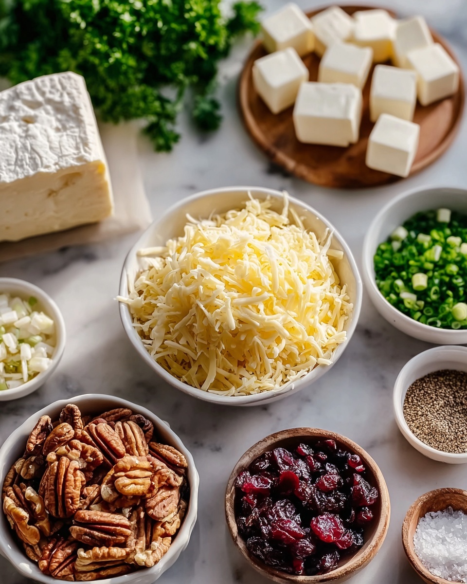 The image shows a group of white bowls and plates placed on a white marbled surface. In the center, there is a white bowl filled with shredded yellow cheese. To the left, a block of white crumbly cheese sits on the surface next to a bowl holding small white cheese cubes. Around the center bowl, smaller bowls contain different items: chopped green onions in one, shelled walnuts in another, pecans in a larger bowl, dried cranberries in a bowl nearby, a small bowl of coarse salt, and a small bowl with mixed spices. In the background, a blurred bunch of green parsley adds a fresh touch. The light is soft and natural, highlighting the different textures and colors of the ingredients photo taken with an iphone --ar 4:5 --v 7