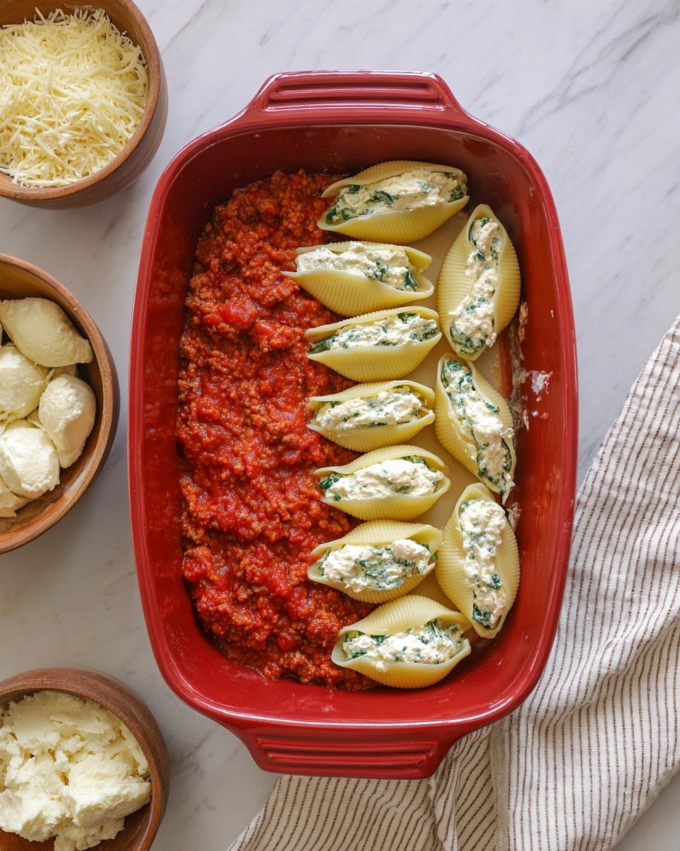 The image shows a red baking dish with two main layers of food inside: the bottom layer is a chunky red tomato sauce mixed with ground meat and green spinach leaves, covering half the dish, while the top layer has nine large, pale yellow pasta shells arranged in two rows on the right side, each filled with a creamy white cheese mixture, some overflowing slightly at the edges. To the left of the dish, there are two bowls on a white marbled surface, one containing more empty pasta shells and the other holding extra white cheese filling with a slightly rough texture. A beige and white striped cloth is placed at the lower right corner of the dish. photo taken with an iphone --ar 4:5 --v 7
