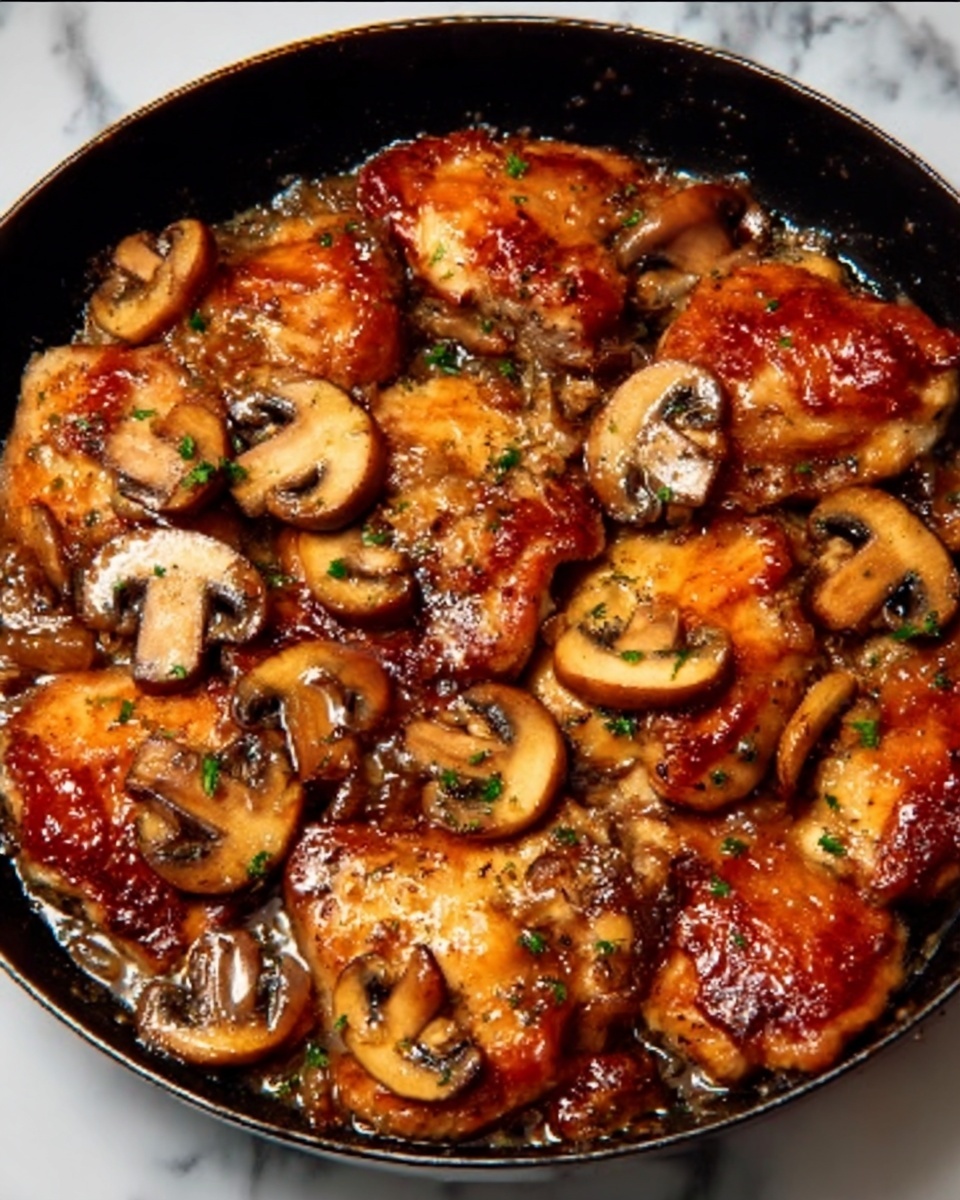 The image shows a black pan filled with a single layer of golden-brown cooked pieces of chicken mixed with light brown slices of mushrooms. The chicken pieces have a slightly crispy texture with a shiny glaze, and the mushroom slices are scattered evenly on top. The dish has a warm, rich color with a glossy sauce coating everything, creating a moist and savory look. The pan sits on a white marbled surface. photo taken with an iphone --ar 4:5 --v 7