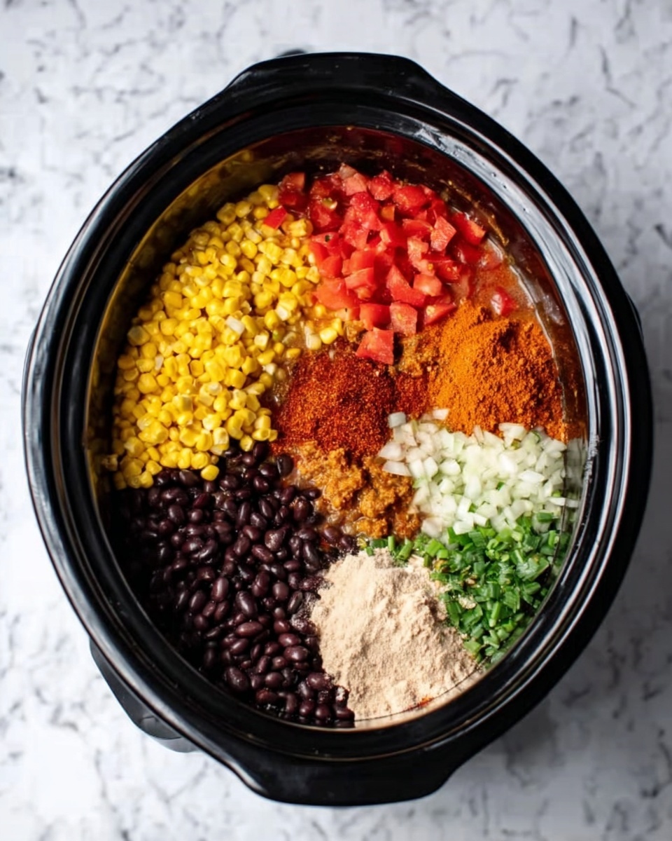 A black slow cooker filled with separate sections of food inside. There are seven visible sections: yellow corn kernels on the left, chopped red tomatoes next to it, black beans below the tomatoes, a pile of light-colored flour or starch in the bottom right, a mound of reddish-brown spices in the center, small green chopped vegetables in the upper right, and a small pile of finely chopped white onions near the top center. The slow cooker sits on a white marbled surface. Photo taken with an iphone --ar 4:5 --v 7