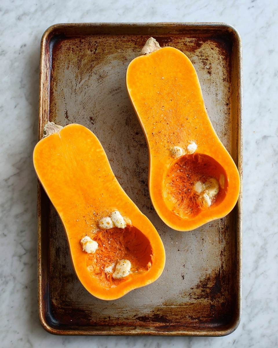 The image shows two halves of a bright orange butternut squash lying on a worn metal baking sheet. Each half is hollowed out with one end thicker and rounded with a deep cavity, and the other end narrower and smooth. Small clumps of white butter are spread unevenly on the inner surface of the squash, along with a light dusting of brownish seasoning. The baking sheet shows signs of use with darkened edges and scratches. The background is a white marbled texture. photo taken with an iphone --ar 4:5 --v 7