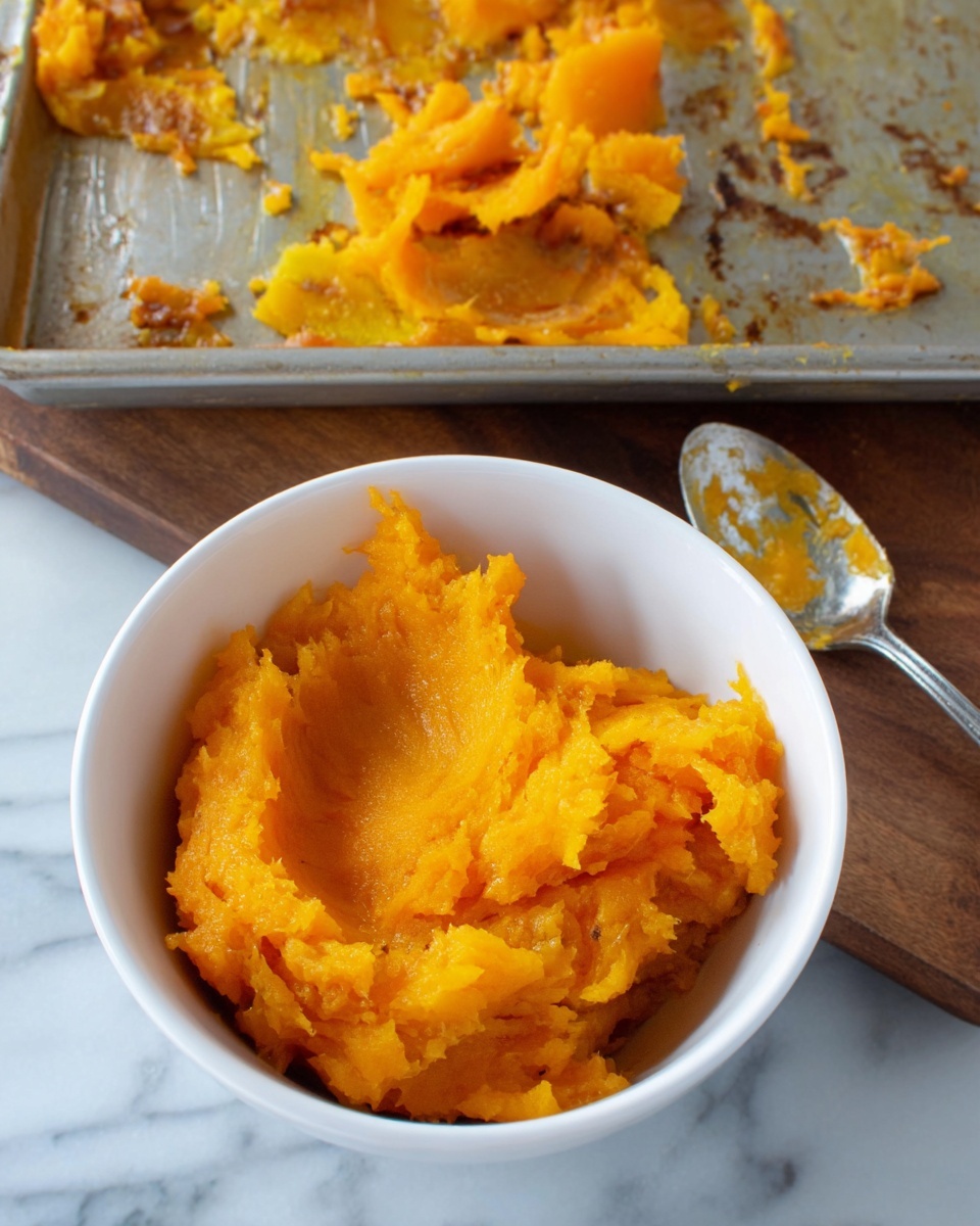 The image shows a white bowl filled with mashed bright orange squash that has a soft, slightly chunky texture. Behind the bowl is a metal baking sheet with leftover bits of the same orange squash spread thinly on its surface, showing both smooth and slightly browned areas. A silver spoon with some squash residue lies on the baking sheet to the right. The scene is set on a white marbled surface with a wooden cutting board partially visible beneath the bowl. photo taken with an iphone --ar 4:5 --v 7
