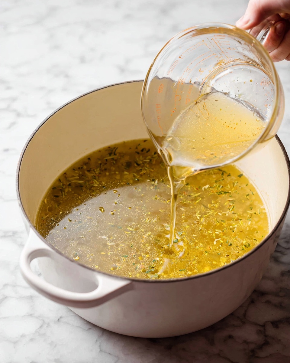 A white pot filled with yellowish broth containing small floating bits of herbs and oil droplets. A woman's hand is pouring more of the same broth from a clear glass measuring cup into the pot. The scene is set on a white marbled surface, highlighting the warm color of the broth and the white pot's handles and interior. photo taken with an iphone --ar 4:5 --v 7