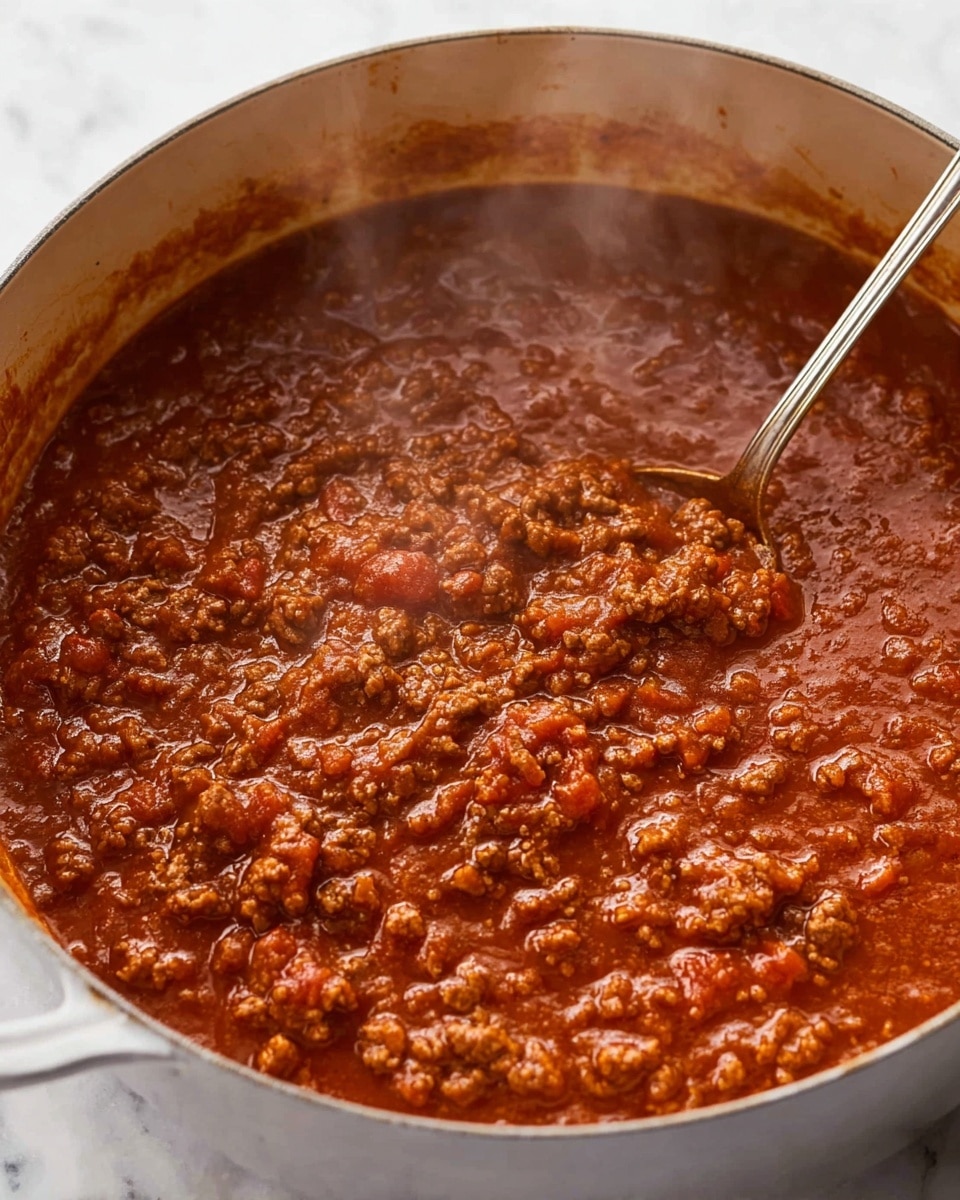 A close-up image of a thick, rich reddish-brown meat sauce in a large white pot. The sauce has visible chunks of browned ground meat and some small pieces of tomato, all mixed in a smooth, slightly shiny texture. There is a metal spoon dipping into the sauce on the right side, partially covered by the sauce, with steam rising softly above it. The pot rests on a white marbled surface. photo taken with an iphone --ar 4:5 --v 7