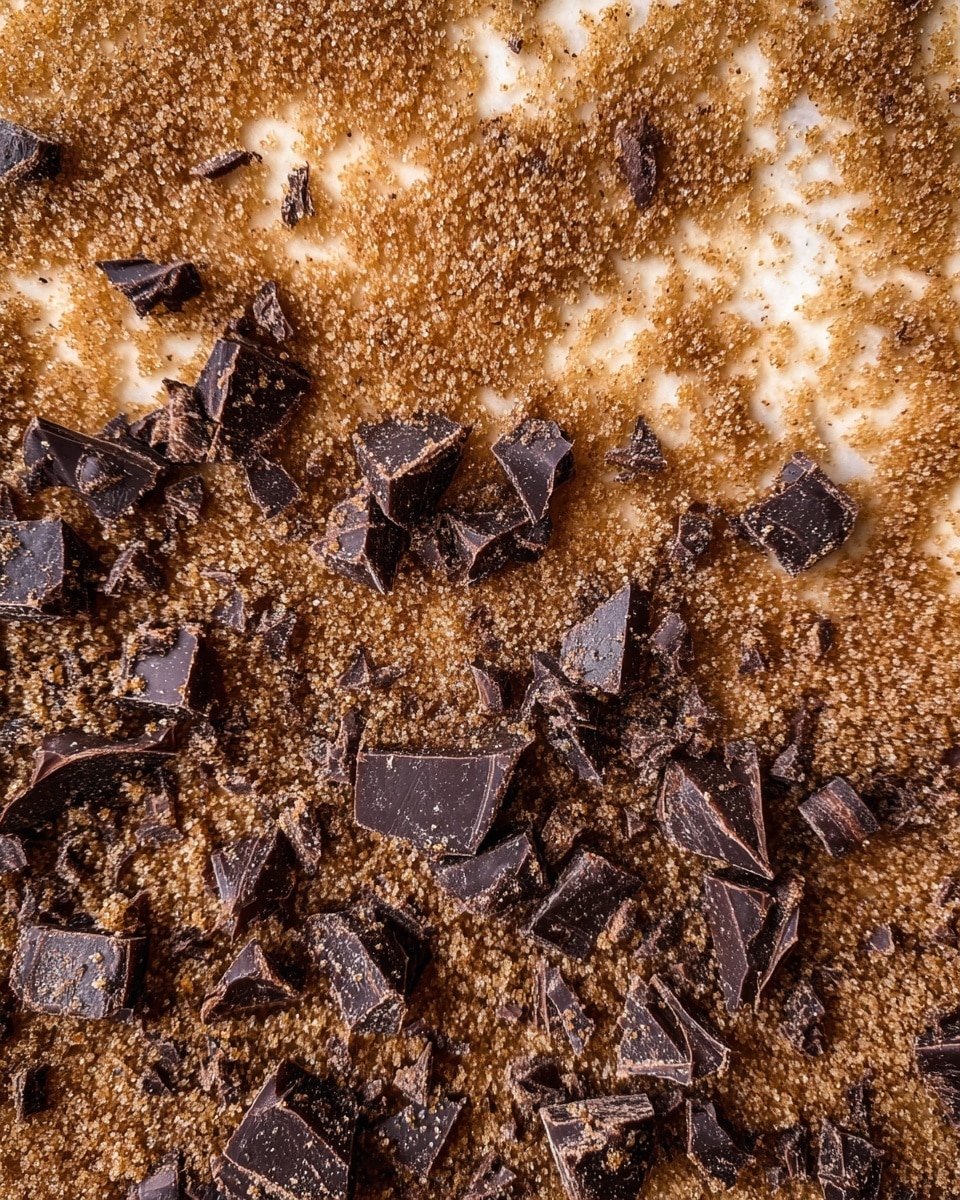Close-up of a brown sugar layer mixed with small and medium-sized dark chocolate chunks scattered unevenly on top, showing a rough texture with granular brown sugar and sharp chocolate edges mixed into a slightly moist base underneath. The background is a white marbled texture photo taken with an iphone --ar 4:5 --v 7
