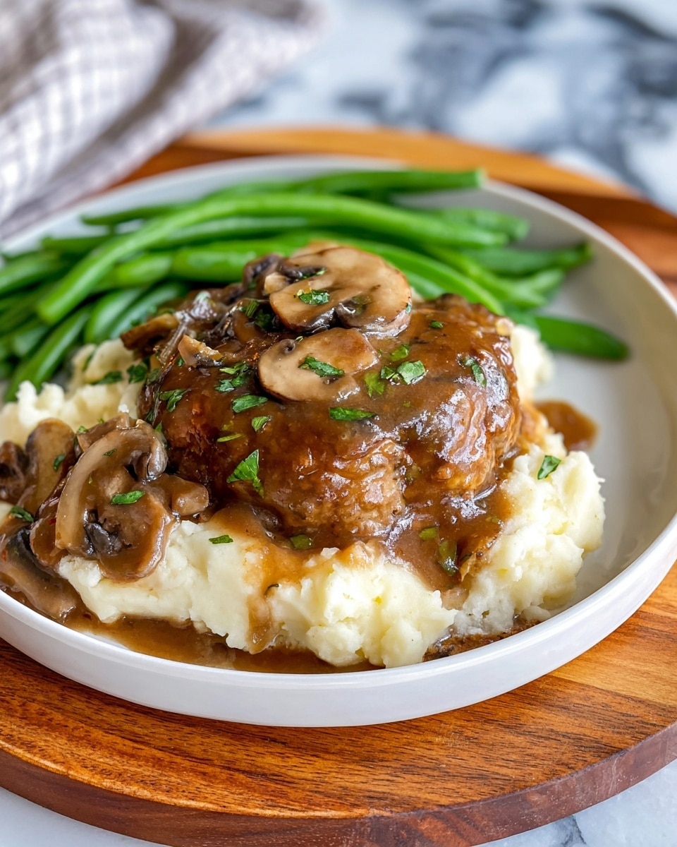 A white plate holds three main layers of food, starting with a bottom layer of light, fluffy mashed potatoes with a creamy texture. On top sits a thick, brown meat patty covered in rich, glossy mushroom gravy with visible mushrooms and small green herb pieces sprinkled over it. At the back of the plate, there is a neat row of bright green steamed green beans. The plate is placed on a wooden round board with a white marbled surface in the background. Photo taken with an iphone --ar 4:5 --v 7