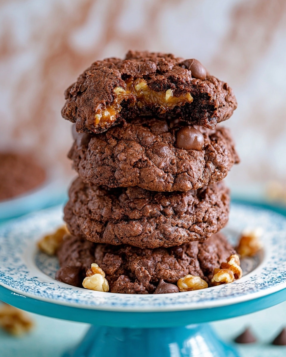 A stack of four thick chocolate cookies sits on a white plate with a blue patterned inside rim, placed on a blue stand. The cookie on the top has a bite taken from it, showing a rich, dark brown, moist inside with visible chunks of nuts and caramel-colored bits. The outer edges of the cookies are rough and cracked, giving a textured look, while some chocolate chips and walnut pieces are scattered around the base of the plate. The background features a white marbled texture with soft, blurred colors. Photo taken with an iphone --ar 4:5 --v 7