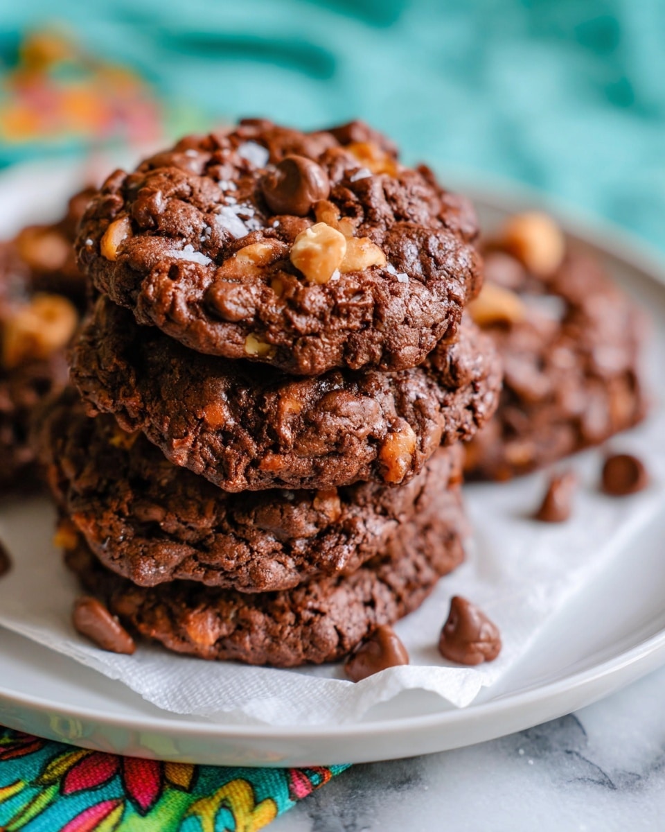 A stack of three thick, brown chocolate cookies with visible cracks and nut pieces is tied together with a green and white striped string, resting on white parchment paper on a white marbled surface. Around the stack, there are scattered dark chocolate chips and orange caramel chips, adding color contrast. The cookies have a rough, bumpy texture, showing a rich and dense appearance. photo taken with an iphone --ar 4:5 --v 7