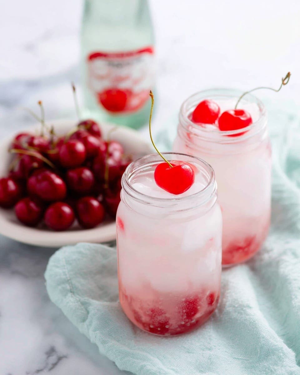 Two clear glass jars are filled with a light pink drink that has small red cherry pieces mixed inside. Each jar is topped with a bright red cherry with a stem. Behind the jars, there is a white plate holding a pile of shiny red cherries and a bottle with a red label. The jars sit on a light blue cloth, all set against a white marbled surface. photo taken with an iphone --ar 4:5 --v 7