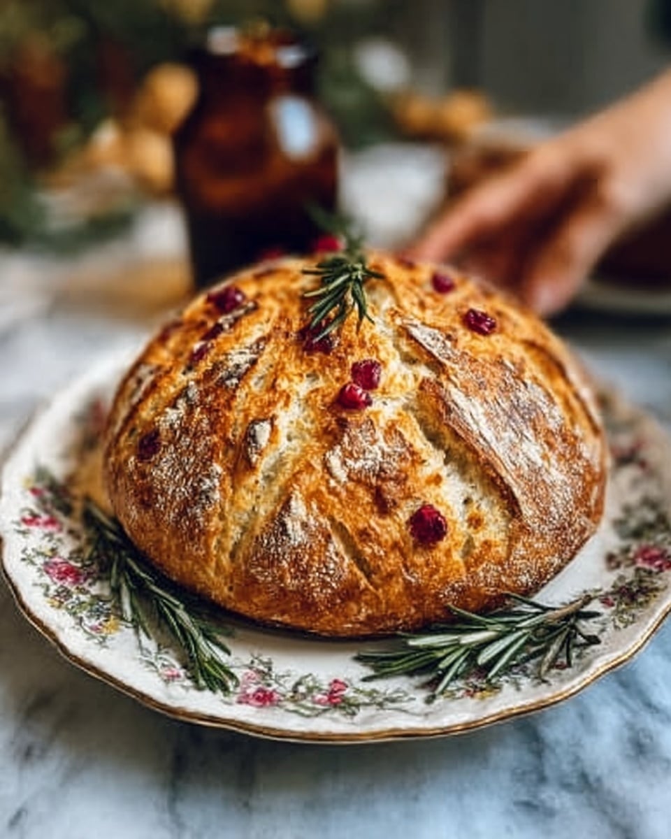 A round golden-brown loaf of bread sits on a white floral-patterned plate. The bread has a crispy crust with cracks on top, revealing a soft inside. Small red berries are scattered across the top, and a few sprigs of fresh rosemary are placed on the round loaf. The plate is on a white marbled surface, and in the blurred background, there’s a dark brown glass jar and a woman's hand about to touch the bread. photo taken with an iphone --ar 4:5 --v 7