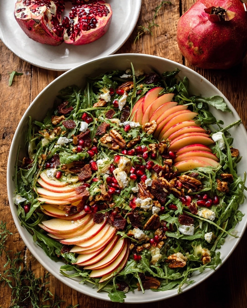 A large white bowl filled with a colorful salad sits on a white marbled surface. The salad has many layers: at the bottom, there are dark green leafy kale pieces; on top, there are soft, light brown roasted vegetables; scattered thick slices of red apple with a hint of yellow skin are placed around the bowl. Small bright red pomegranate seeds are spread across the salad, adding pops of color. There are also crunchy brown nuts sprinkled unevenly. A woman's hand holding a serving wooden spoon reaches into the salad from the right side, and another wooden spoon is placed inside the bowl on the left side. Photo taken with an iphone --ar 4:5 --v 7