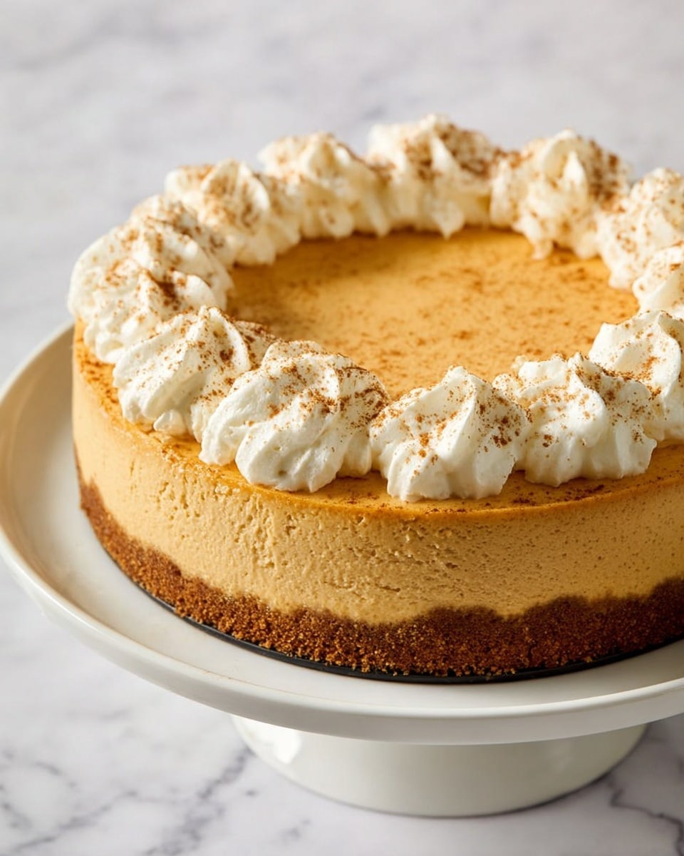 A round pumpkin cheesecake with two layers on a white plate, placed on a white marbled surface; the bottom layer is a thick, crumbly brown crust, the top layer is a smooth, dense, light orange pumpkin cheesecake filling, topped with a ring of whipped cream dollops sprinkled lightly with cinnamon around the edge. Photo taken with an iphone --ar 4:5 --v 7